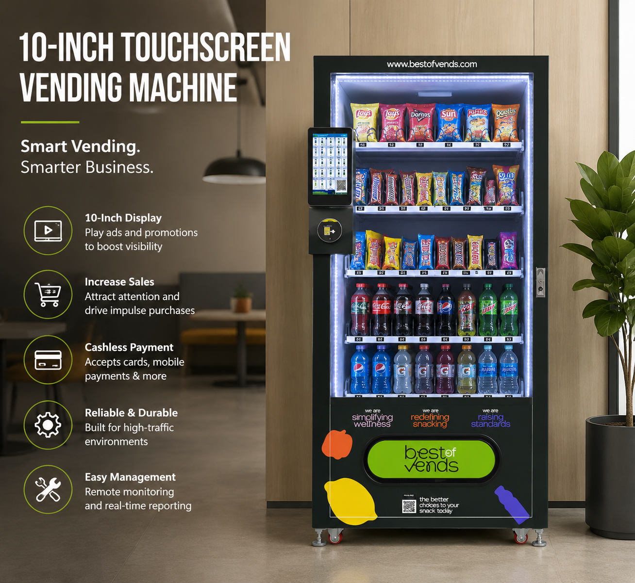 Smart Wellness Snack Vending Machine with 10-inch touchscreen, stocked with snacks and drinks, displayed in a modern indoor lobby setting.