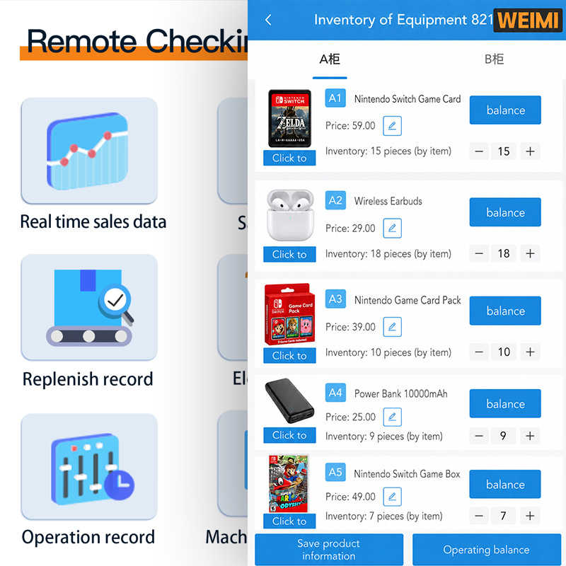 Remote inventory management interface for a WEIMI game card vending machine, showing real-time stock levels for Nintendo Switch game cards, wireless earbuds, power banks, and small electronic products.