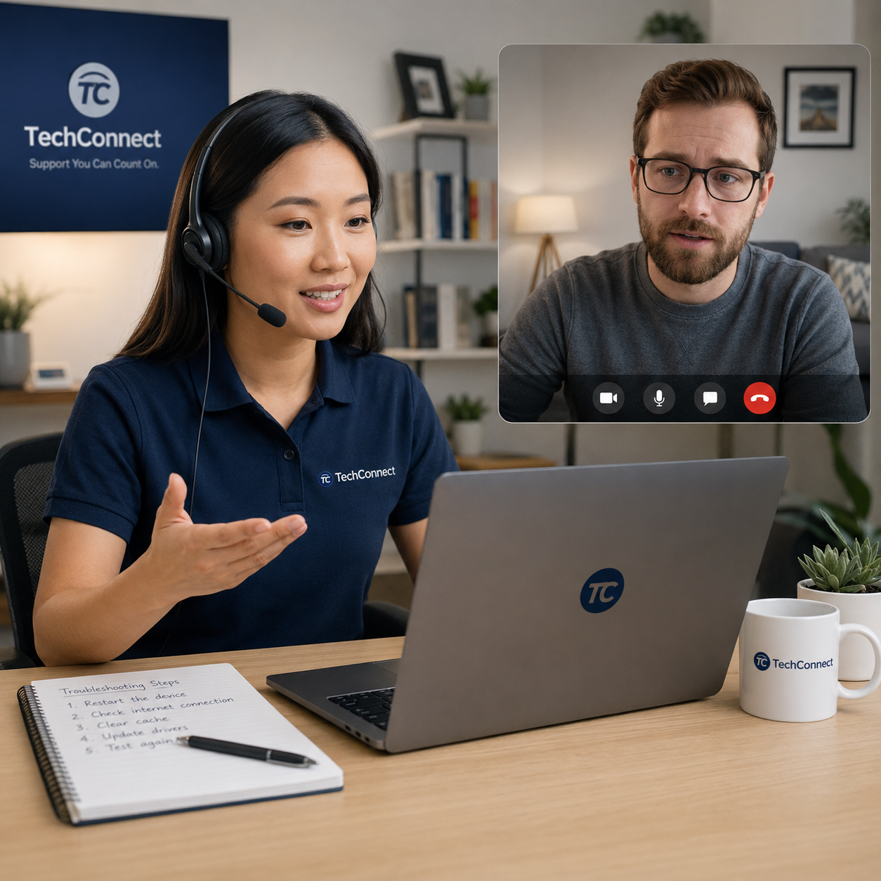 Remote technical support video call showing an Asian female support specialist wearing a headset and helping a white male customer troubleshoot equipment issues through a laptop video conference, representing professional 24/7 customer service and remote assistance.