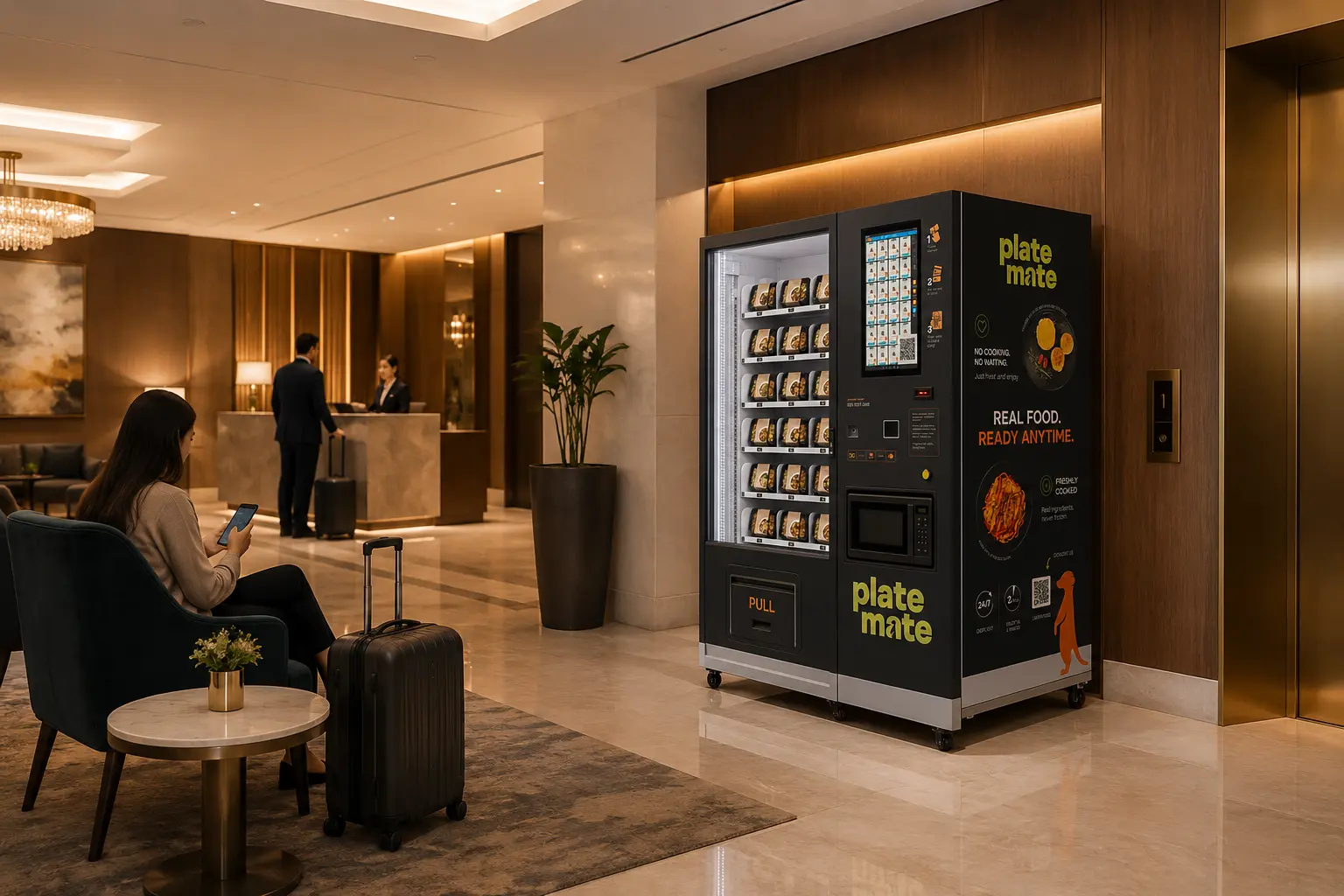 Hot food vending machine in a hotel lobby