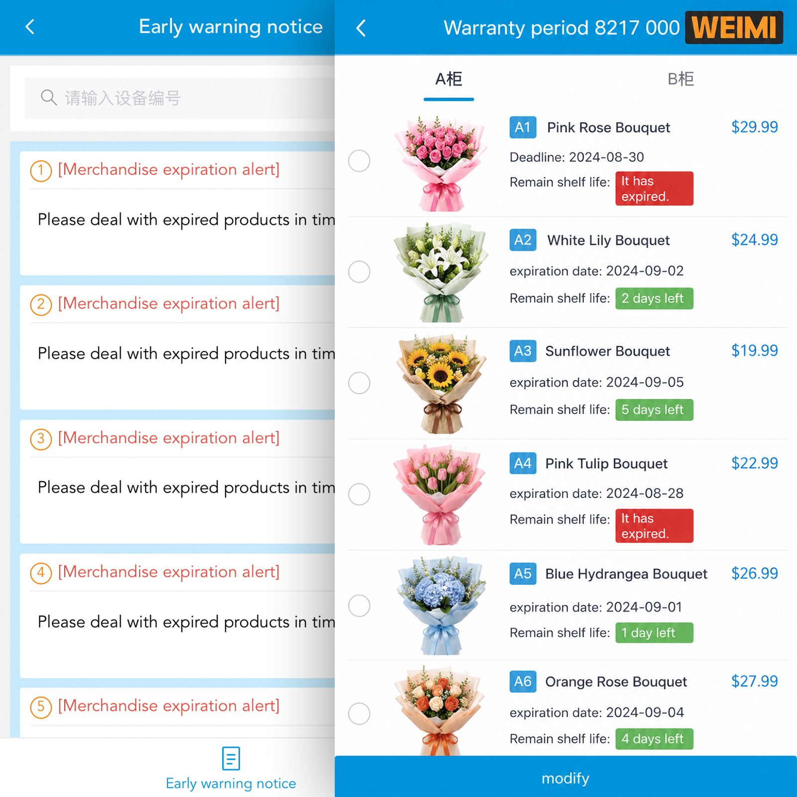 WEIMI backend early warning notice and warranty management interface showing flower bouquet product expiration alerts, remaining shelf-life status, prices, and remote inventory management functions for smart flower vending machines.