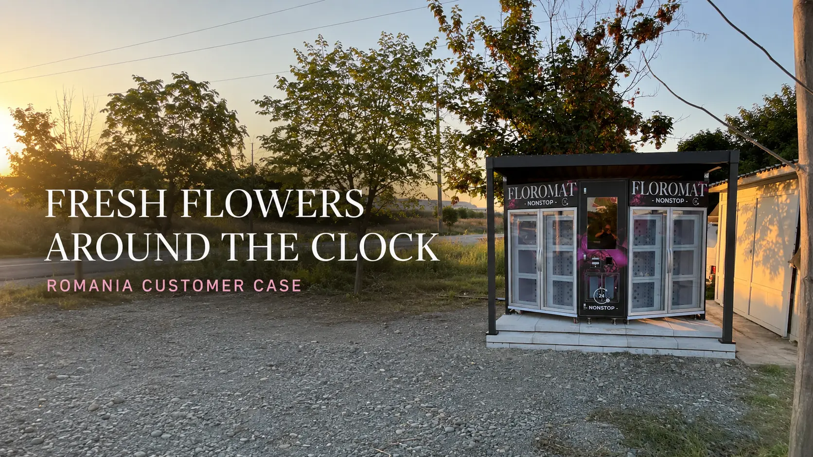 Customized WEIMI outdoor flower vending machine with refrigerated glass lockers touchscreen payment area and FLOROMAT NONSTOP branding installed in Romania.
