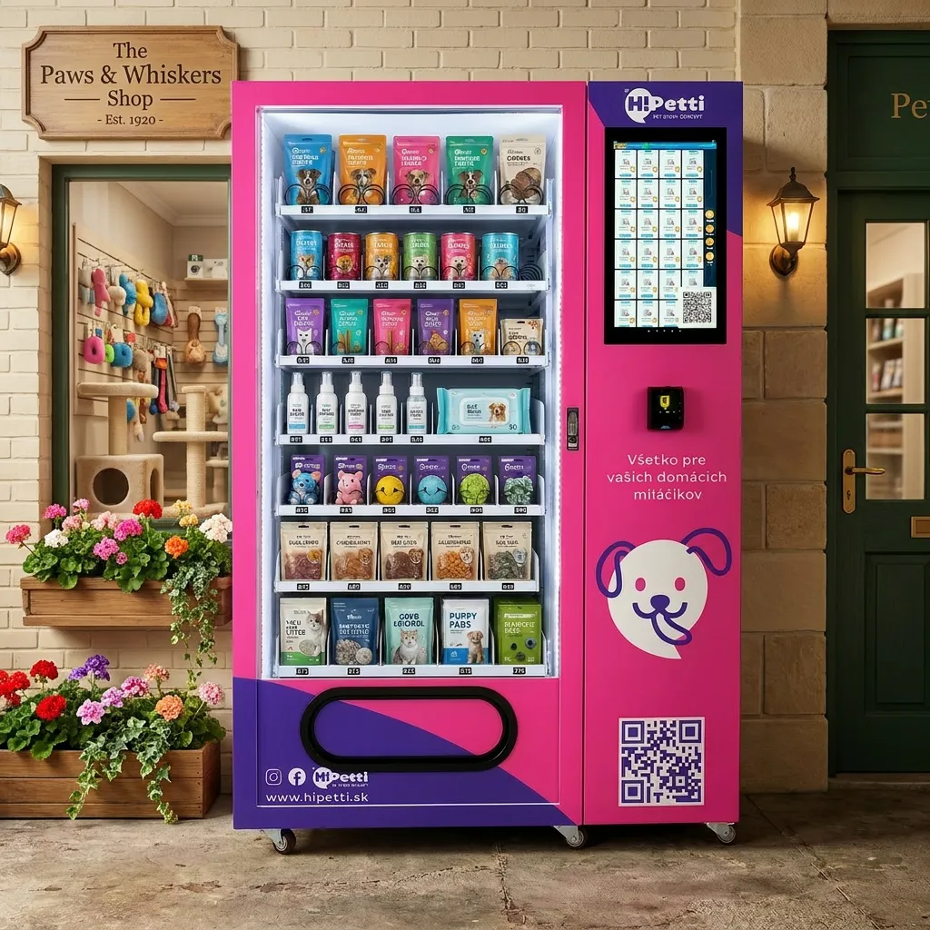 HiPetti pink and purple pet supplies vending machine displayed in front of a charming British-style pet shop called