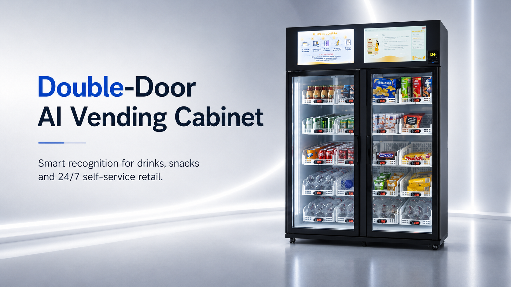 Double door gravity vending machine installed for a Spanish customer with drinks snacks and chilled food