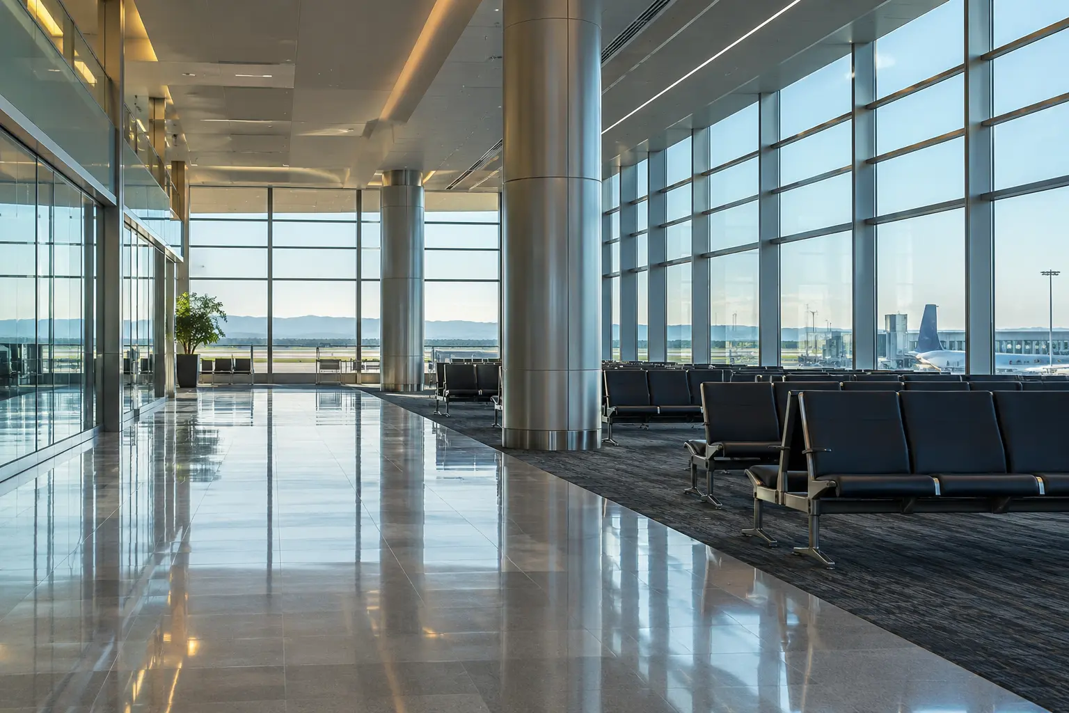 Modern airport terminal waiting area with floor-to-ceiling windows