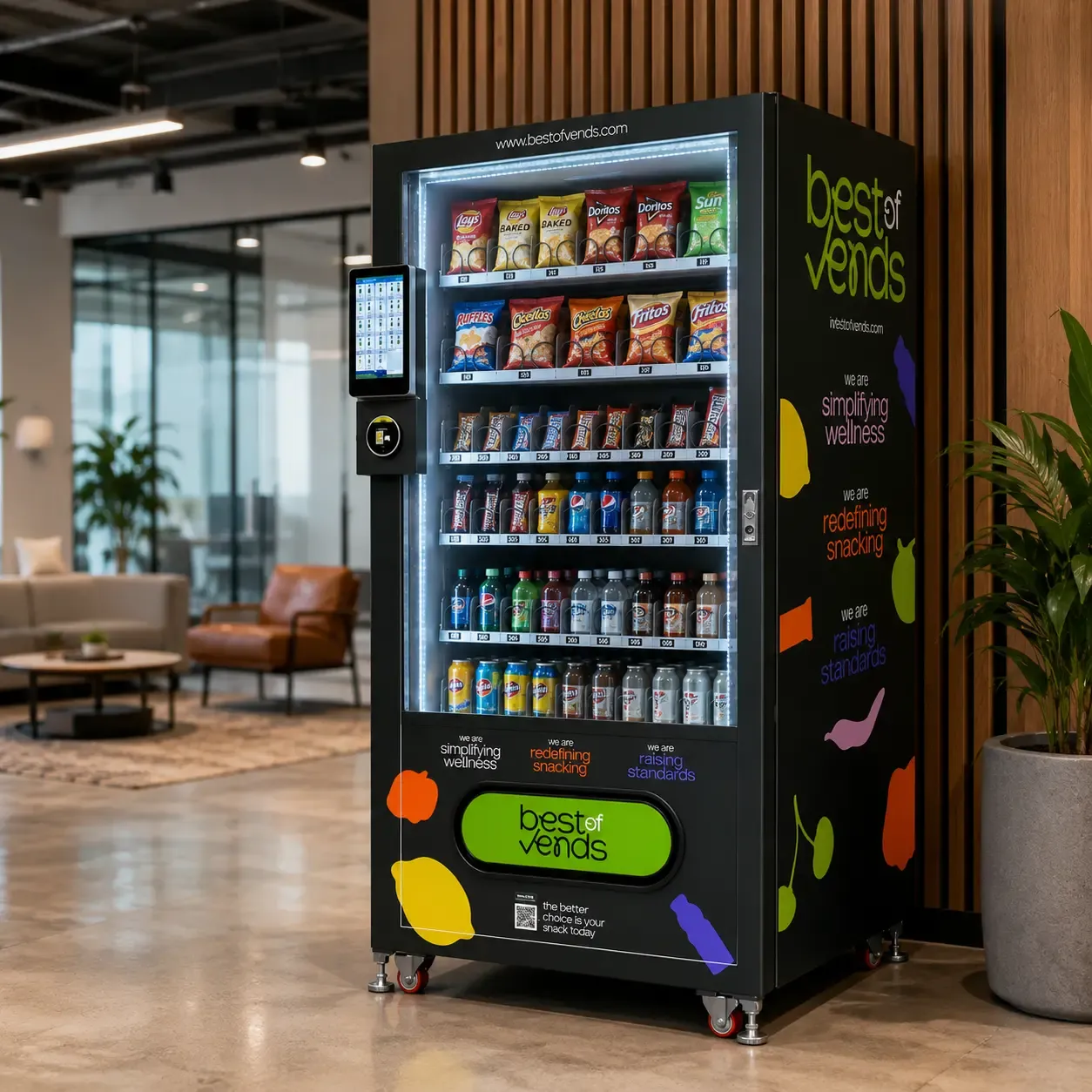 Scene showing a WEIMI vending machine in a modern office lounge, featuring custom-branded exterior and product packaging, illustrating the machine’s customizable appearance and personalized branding services for clients.