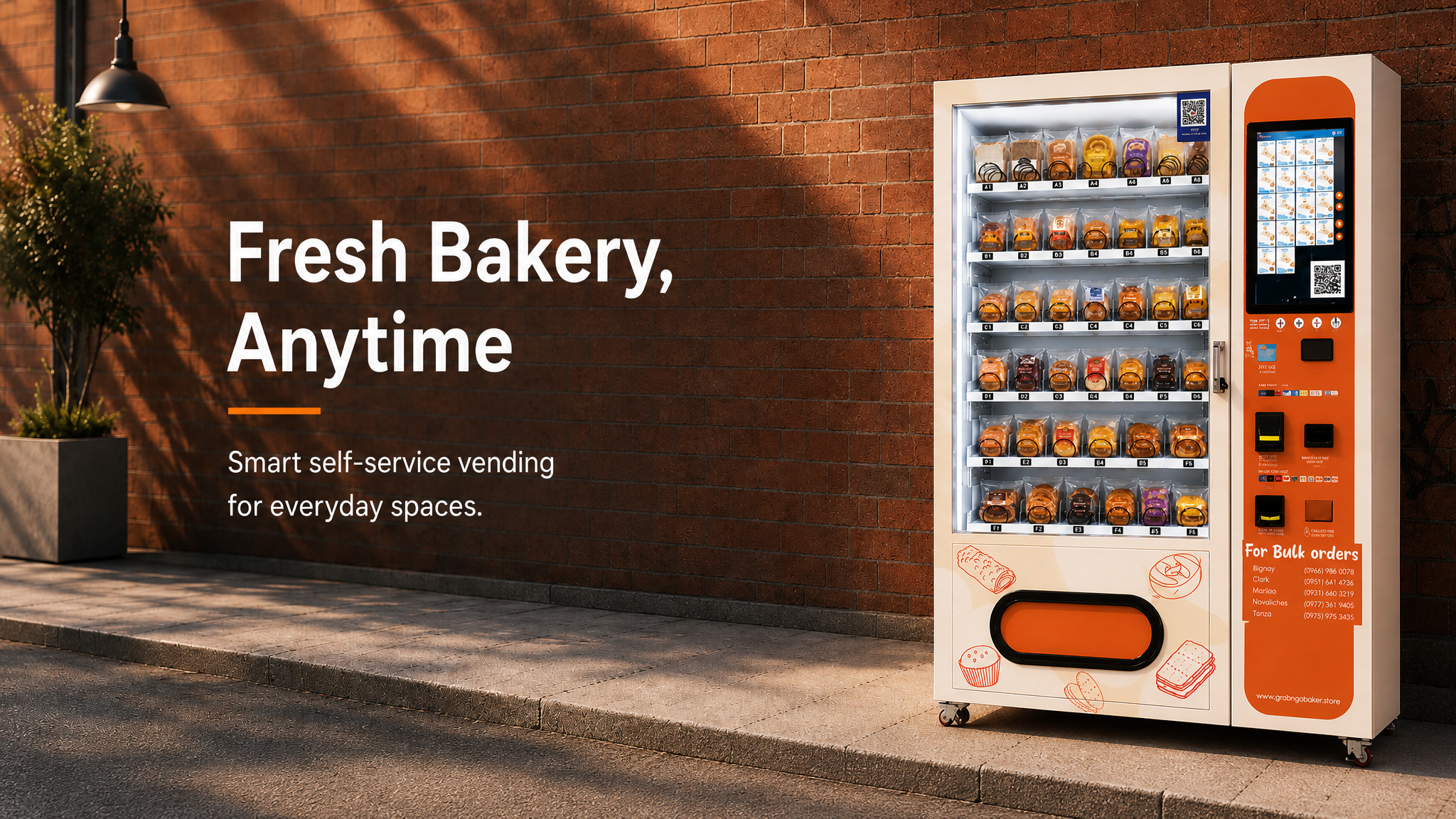 Street banner featuring a smart bread and pastry vending machine against a red brick wall. The left side displays left-aligned promotional text in English, while the right side shows the vending machine filled with neatly packaged bakery products. The scene is quiet, minimal, and life-like.