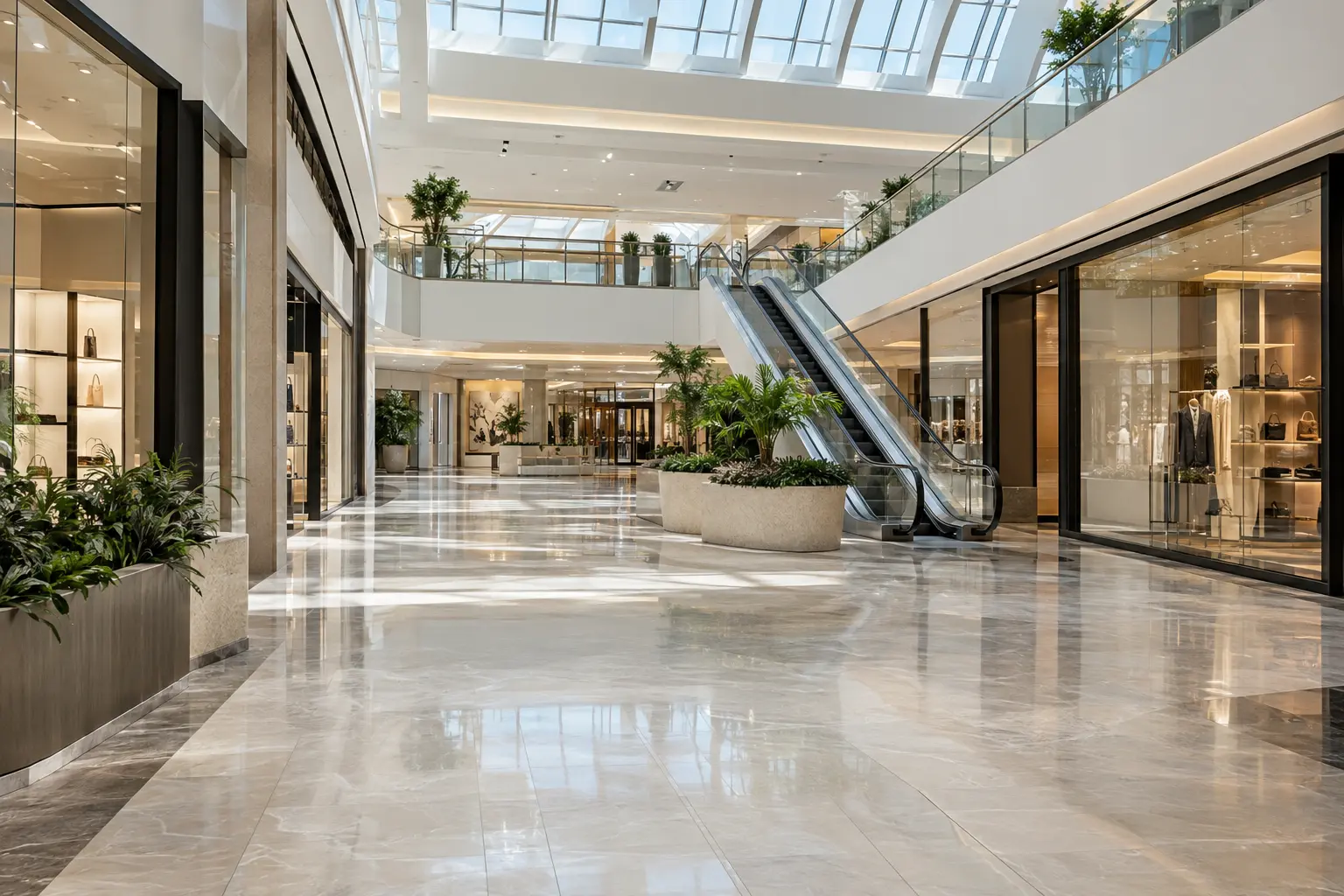 Bright modern shopping mall interior with escalators and storefronts