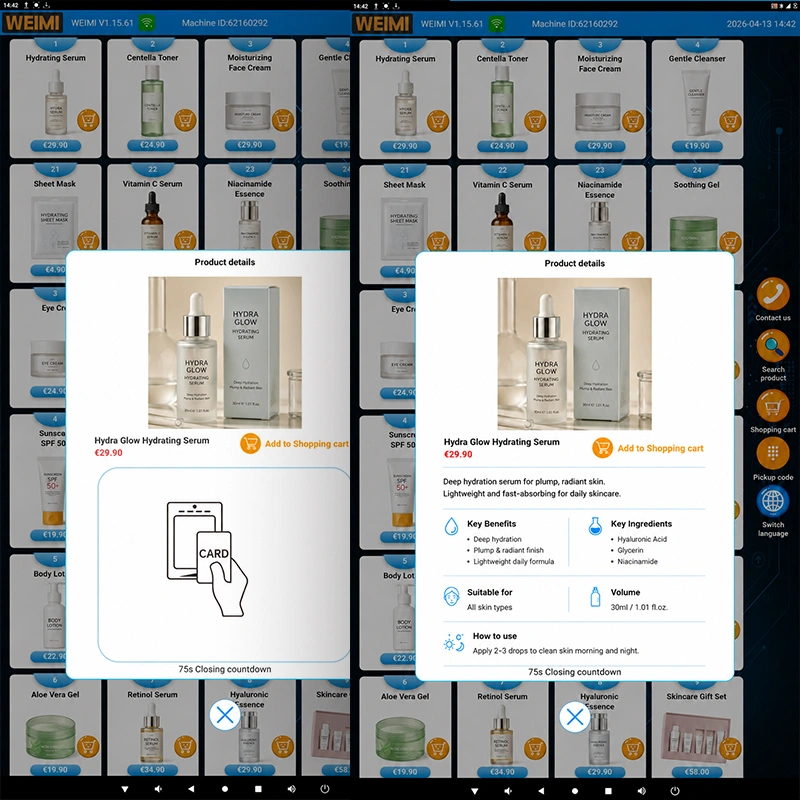 Touchscreen interface of a WEIMI vending machine showing a skincare product grid and a product detail popup for Hydra Glow Hydrating Serum, including product image, price, key benefits, key ingredients, suitable skin types, volume, usage instructions, and an Add to Shopping Cart button.