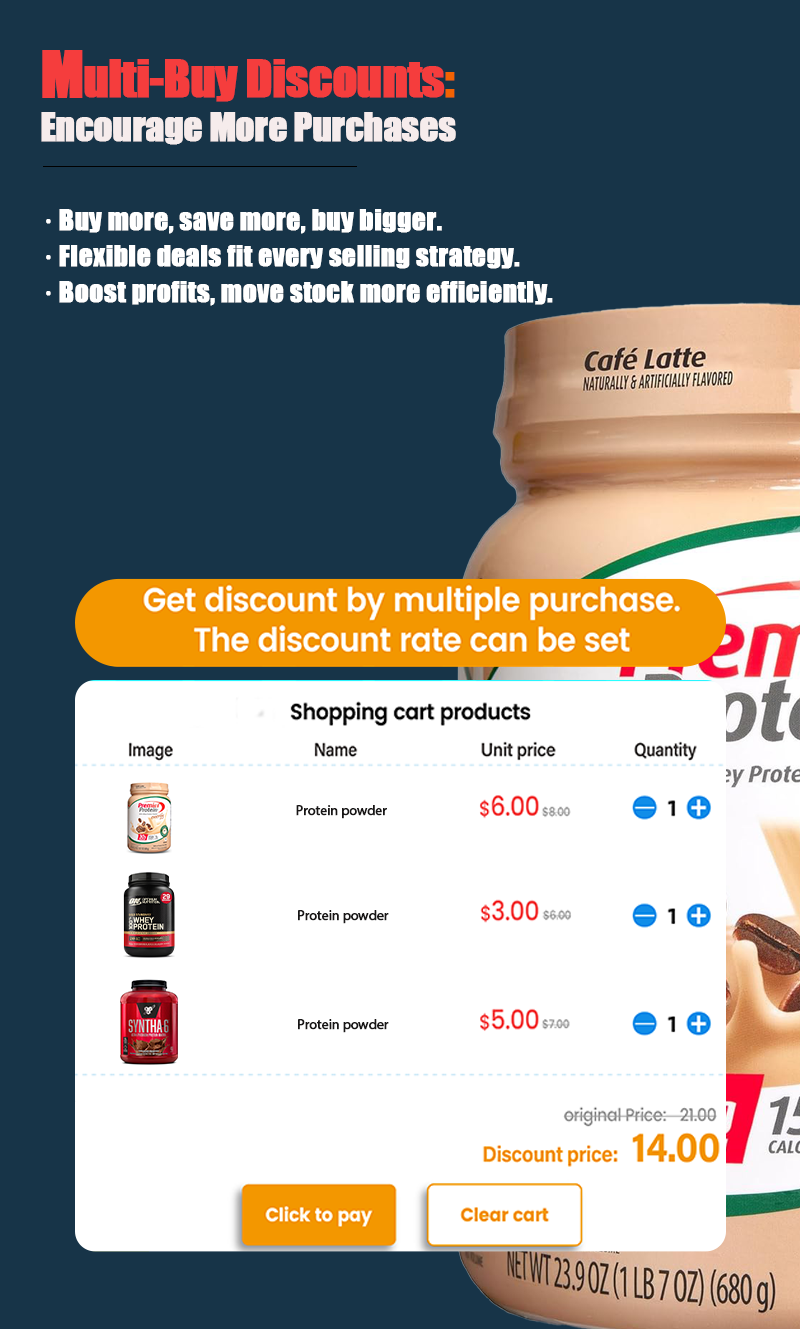 Protein powder vending machine support multi-buy discounts
