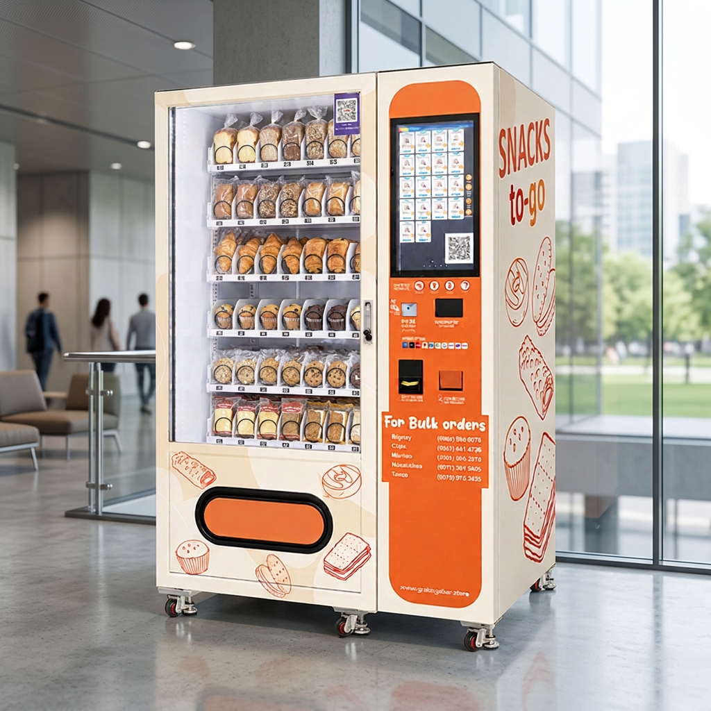 **Alt:** WEIMI bakery vending machine in a modern indoor lobby, filled with packaged breads and pastries, featuring a touchscreen interface for self-service purchases.