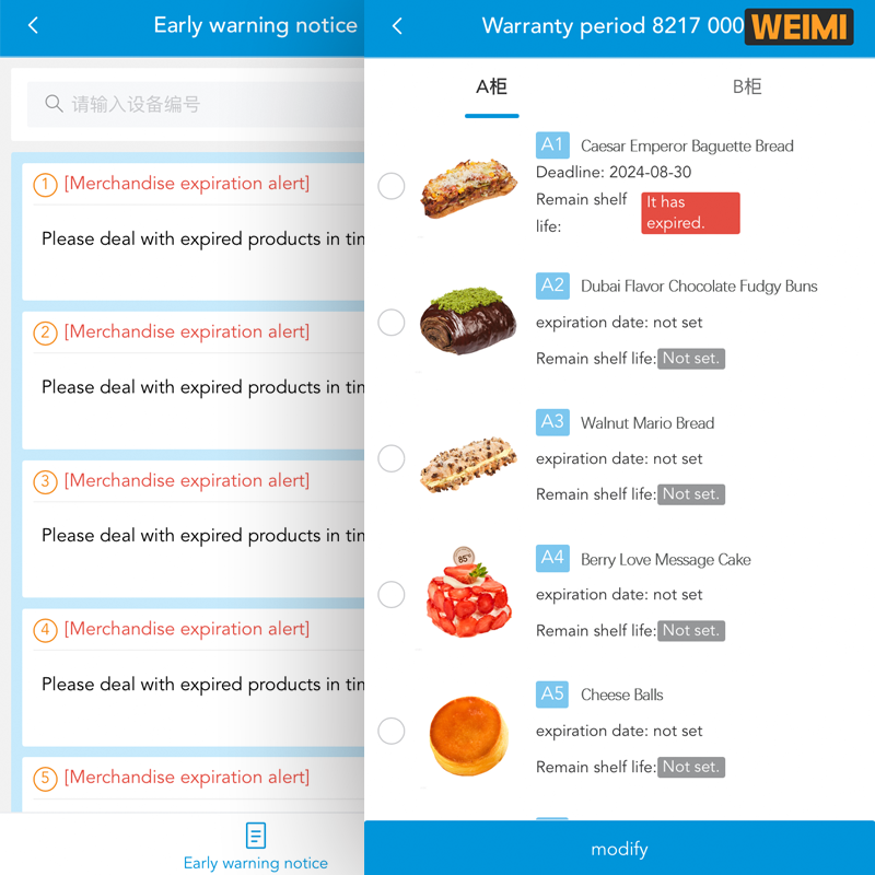 **Alt:** WEIMI bakery vending machine management interface showing merchandise expiration alerts and product shelf-life status for bakery items.