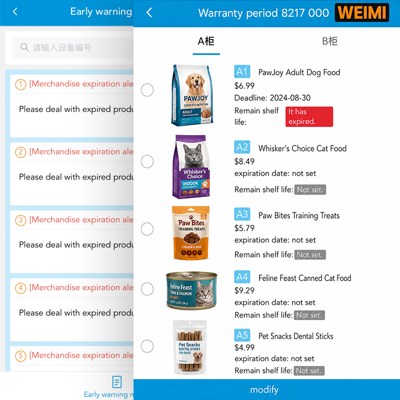 Smart pet vending machine backend interface with merchandise expiration alerts, shelf life tracking and pet product inventory management