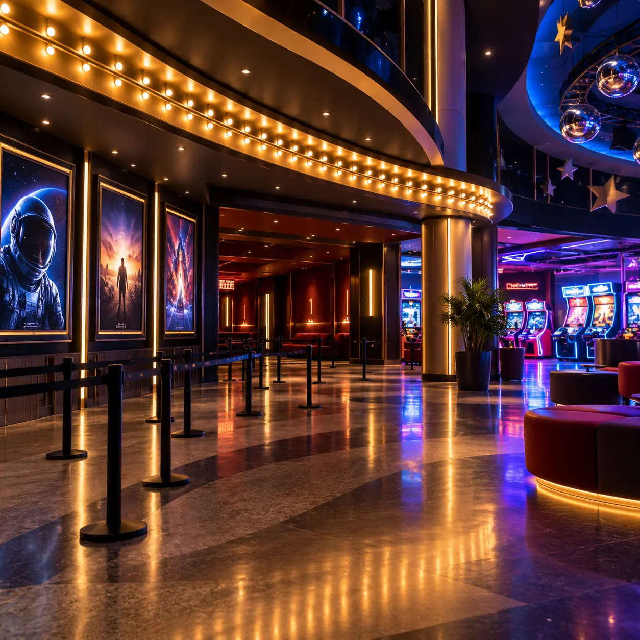 Hall del cinema con locandine di film e macchine arcade, un luogo suggerito per la vendita di giocattoli WEIMI