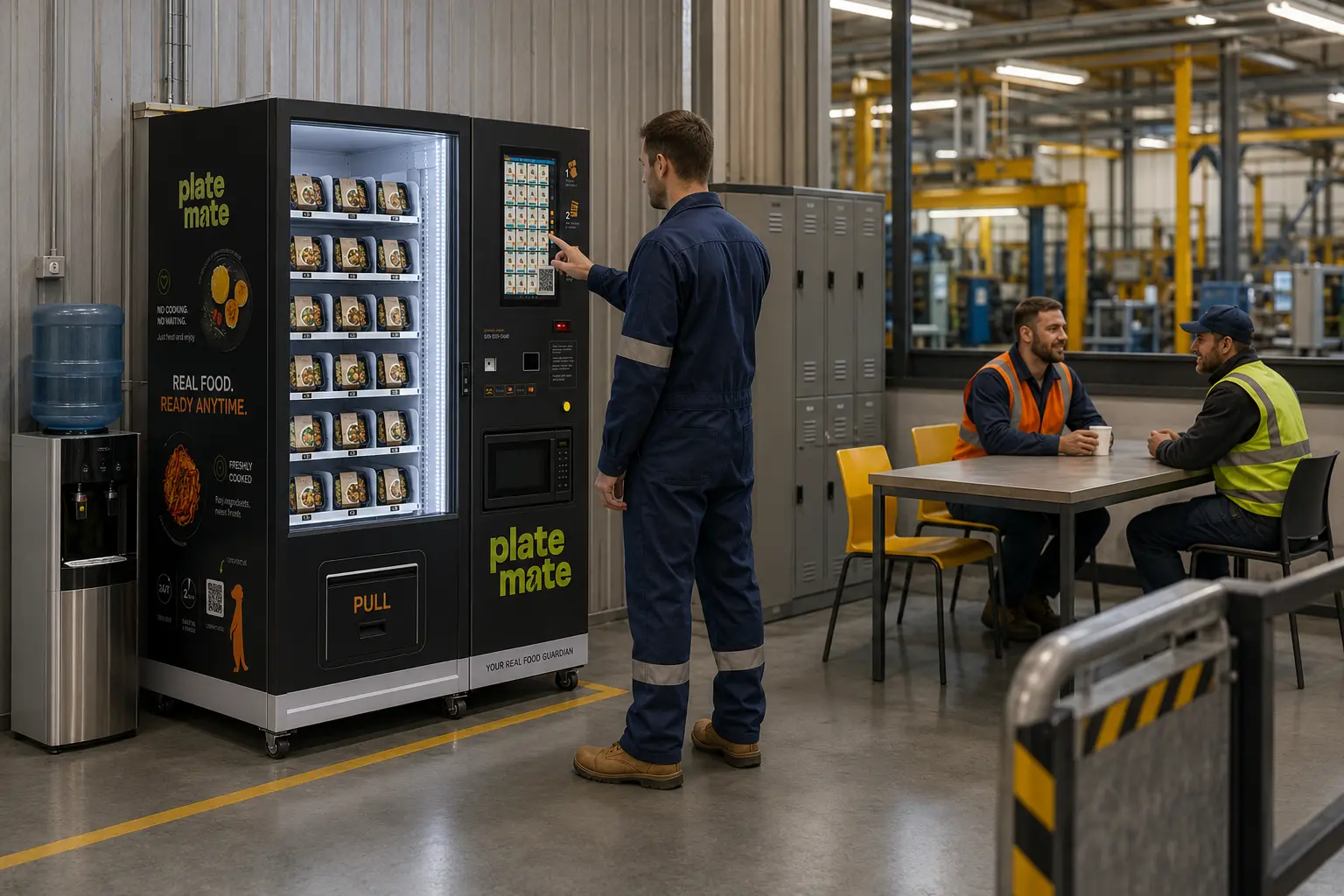 Hot food vending machine in a factory dining area