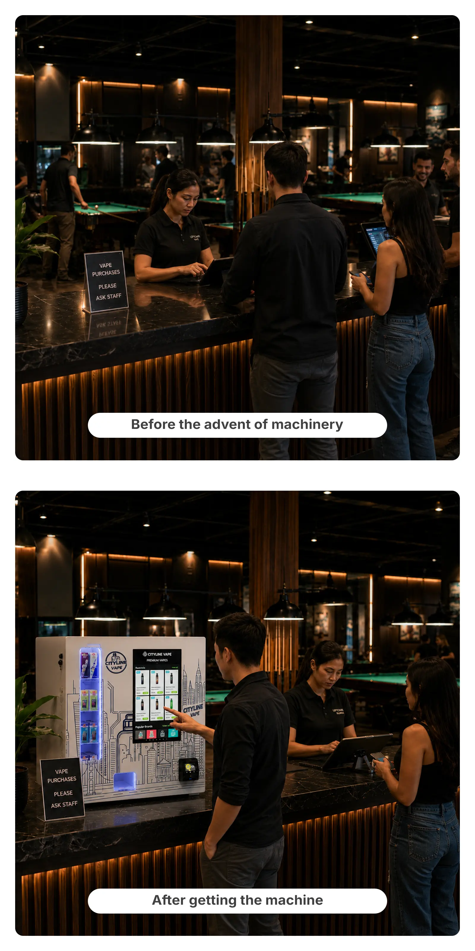 Billiard hall front desk before and after installing a countertop smart vape vending machine for easier self-service purchases