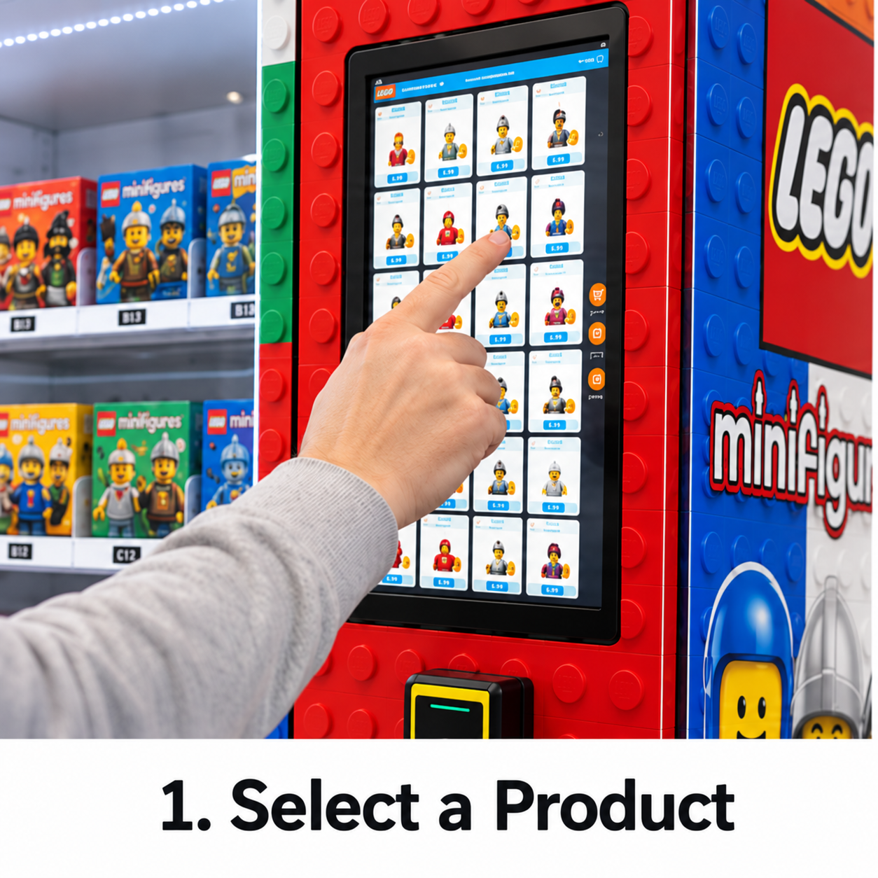 Cliente che seleziona un giocattolo da costruire sul touchscreen WEIMI WM600