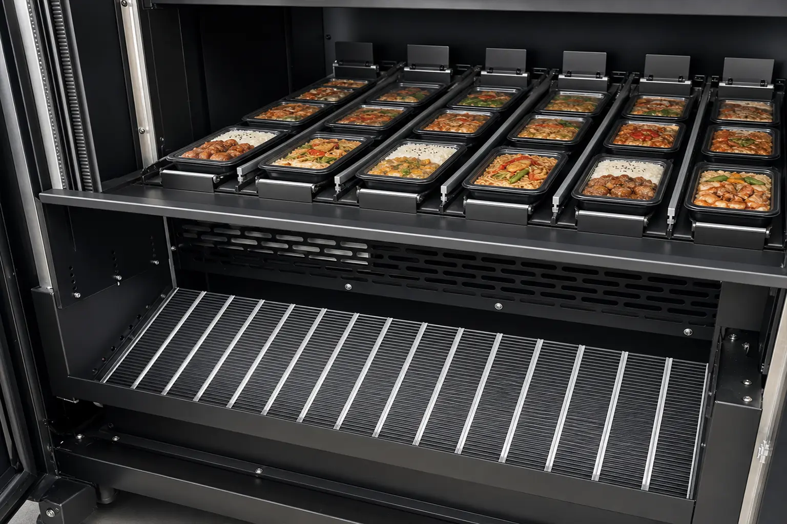 Elevator tray delivering a boxed meal safely