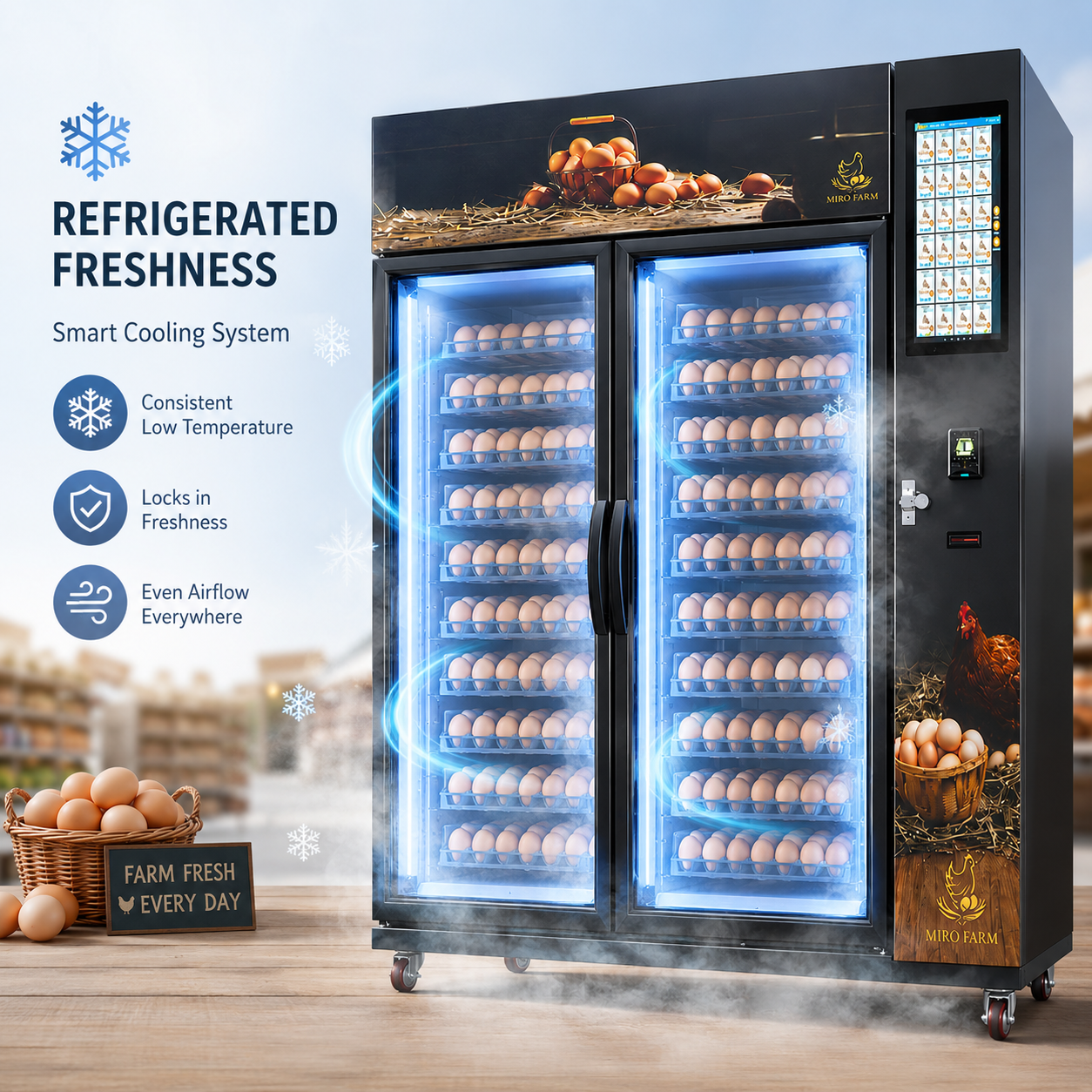 Promotional image of the WEIMI Egg Vending Machine highlighting its refrigerated cooling system, with eggs displayed inside the machine, blue cooling airflow effects, and messaging about consistent freshness and low-temperature storage.