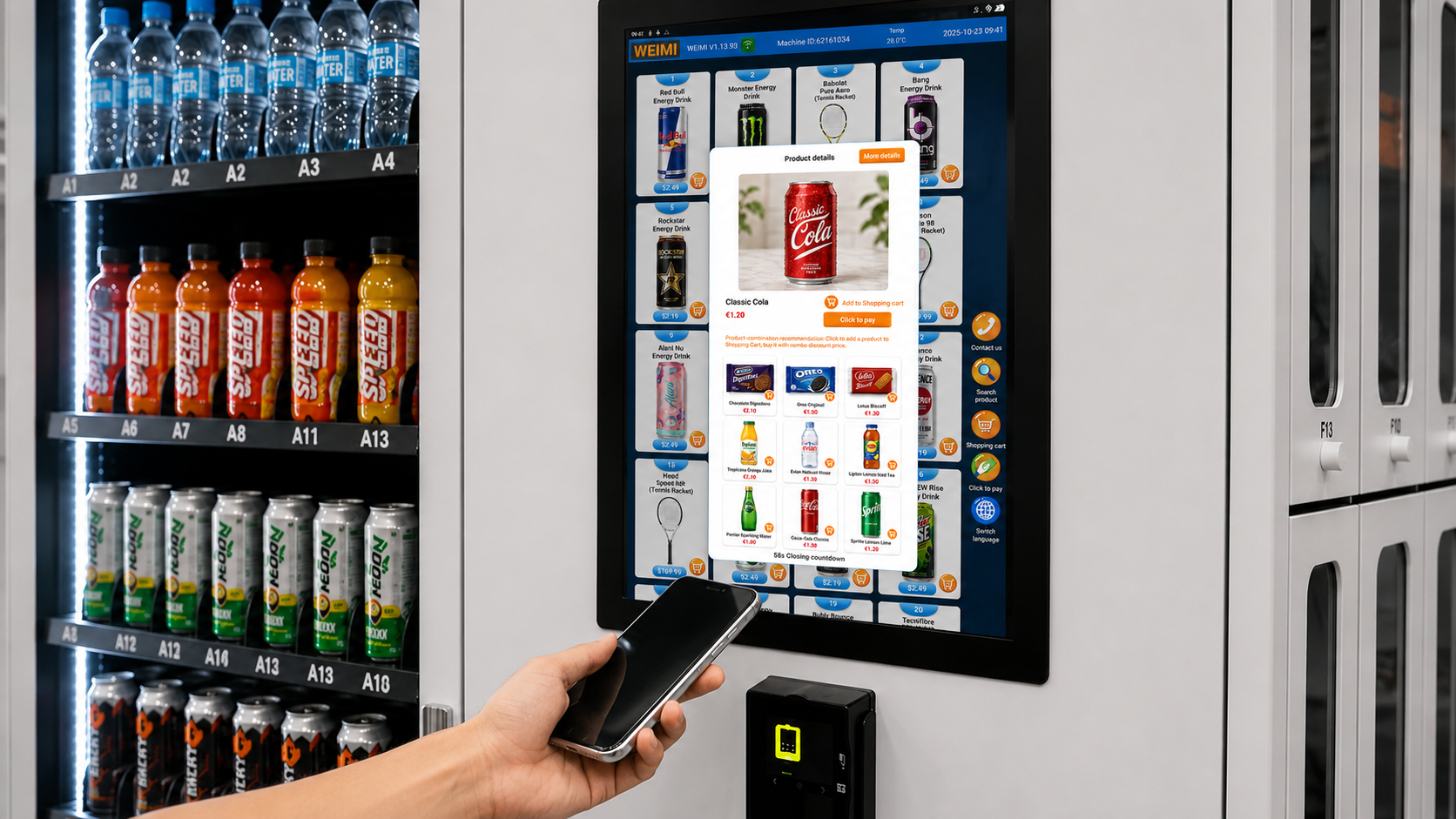Customer making a mobile payment for products at the tennis vending machine