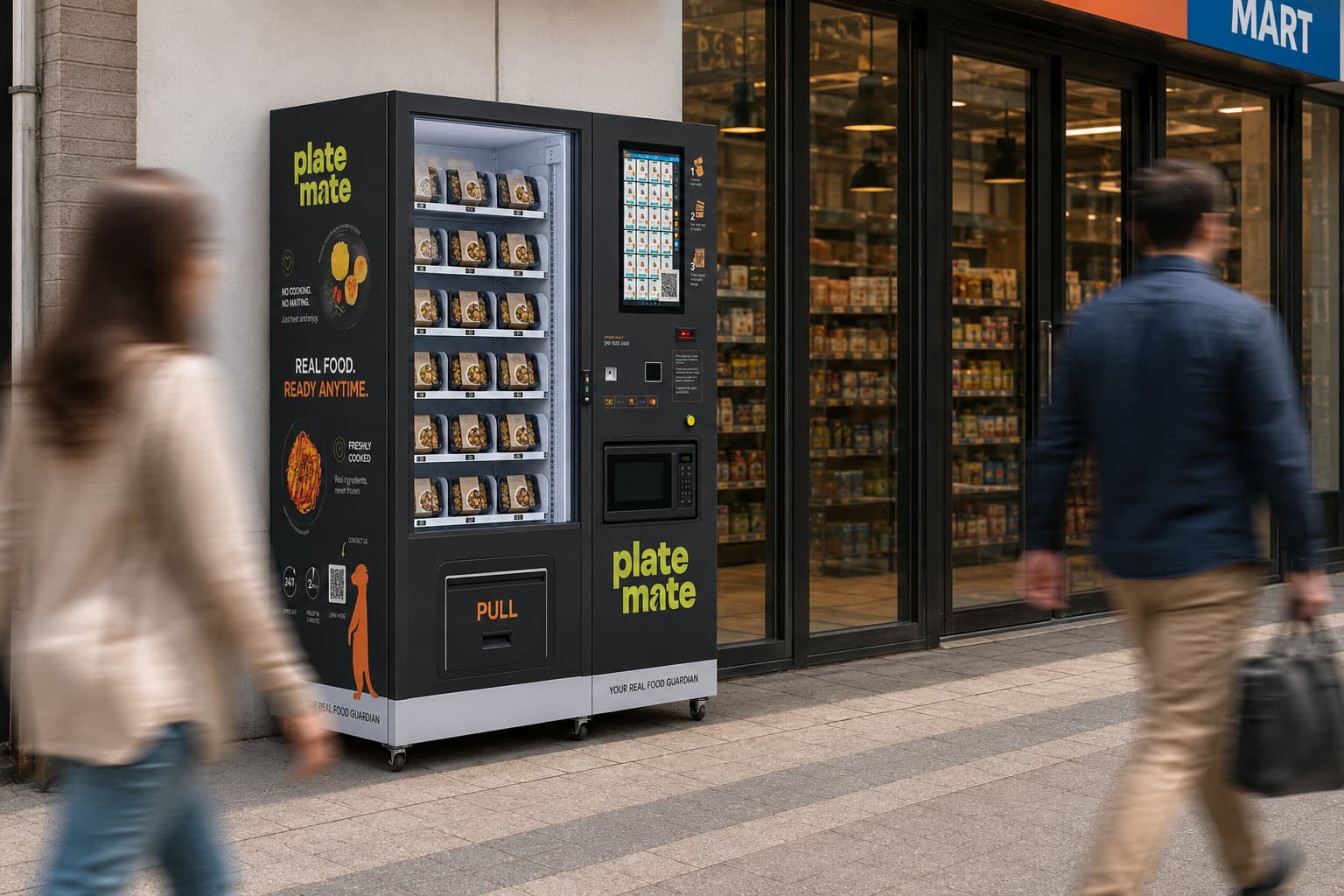 Side view of branded hot meal vending machine