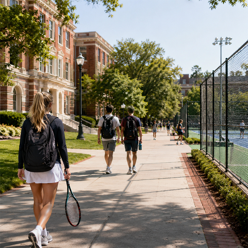 University campus with students walking beside outdoor tennis courts and academic buildings
