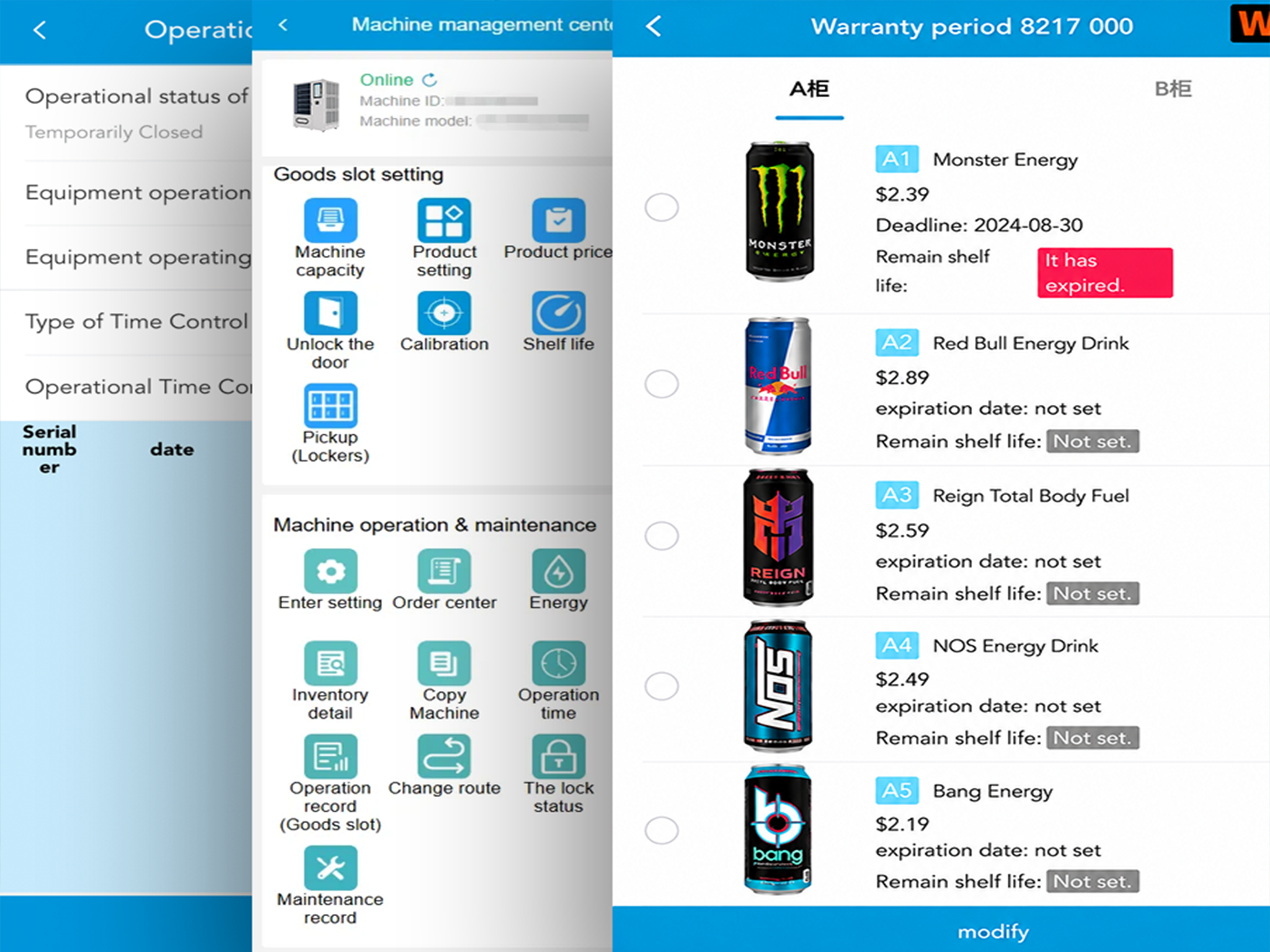 Remote cloud management dashboard for product inventory, machine status and racket rental operations