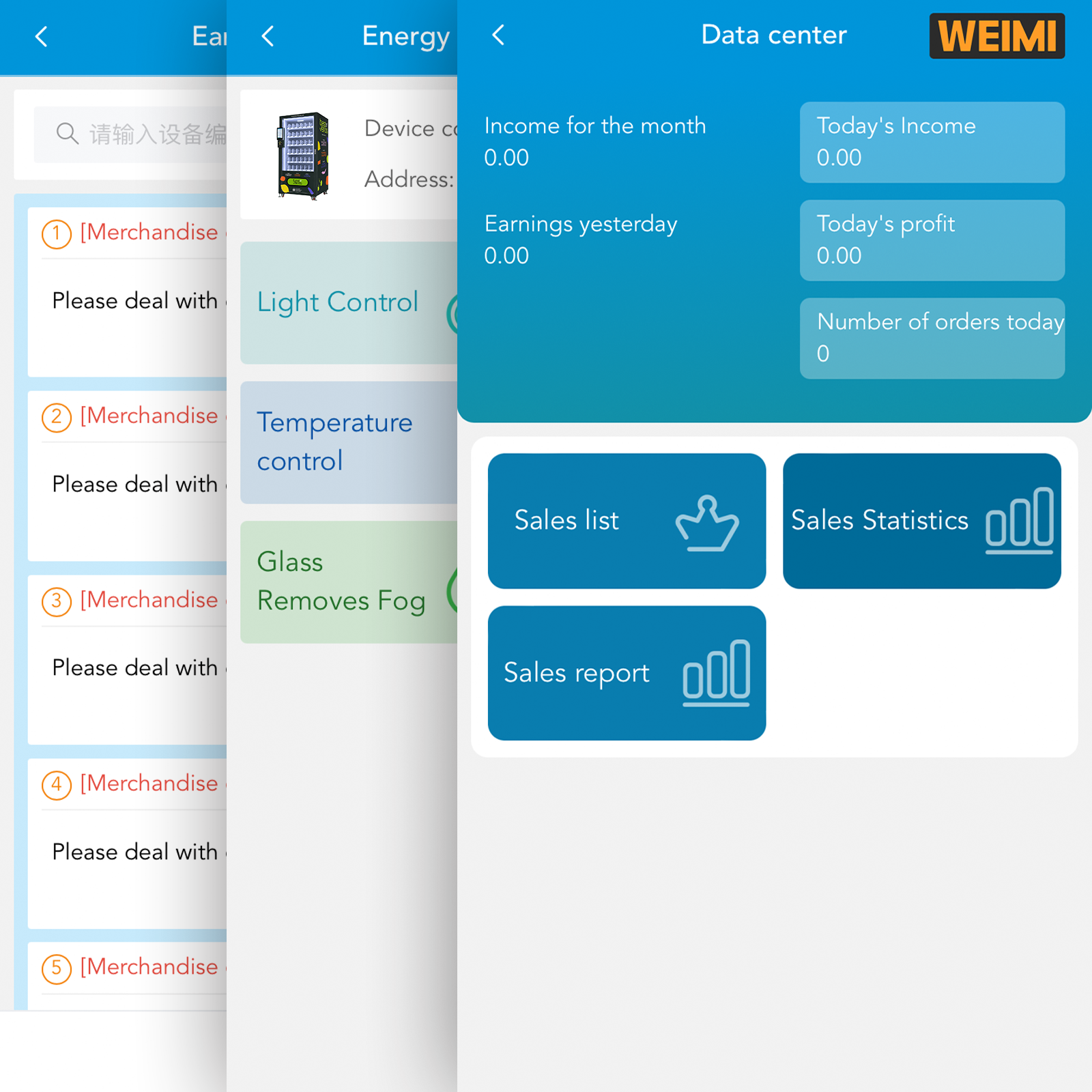 Smart remote management interface for vending machines showing sales data, inventory monitoring, and system controls for easy remote operation