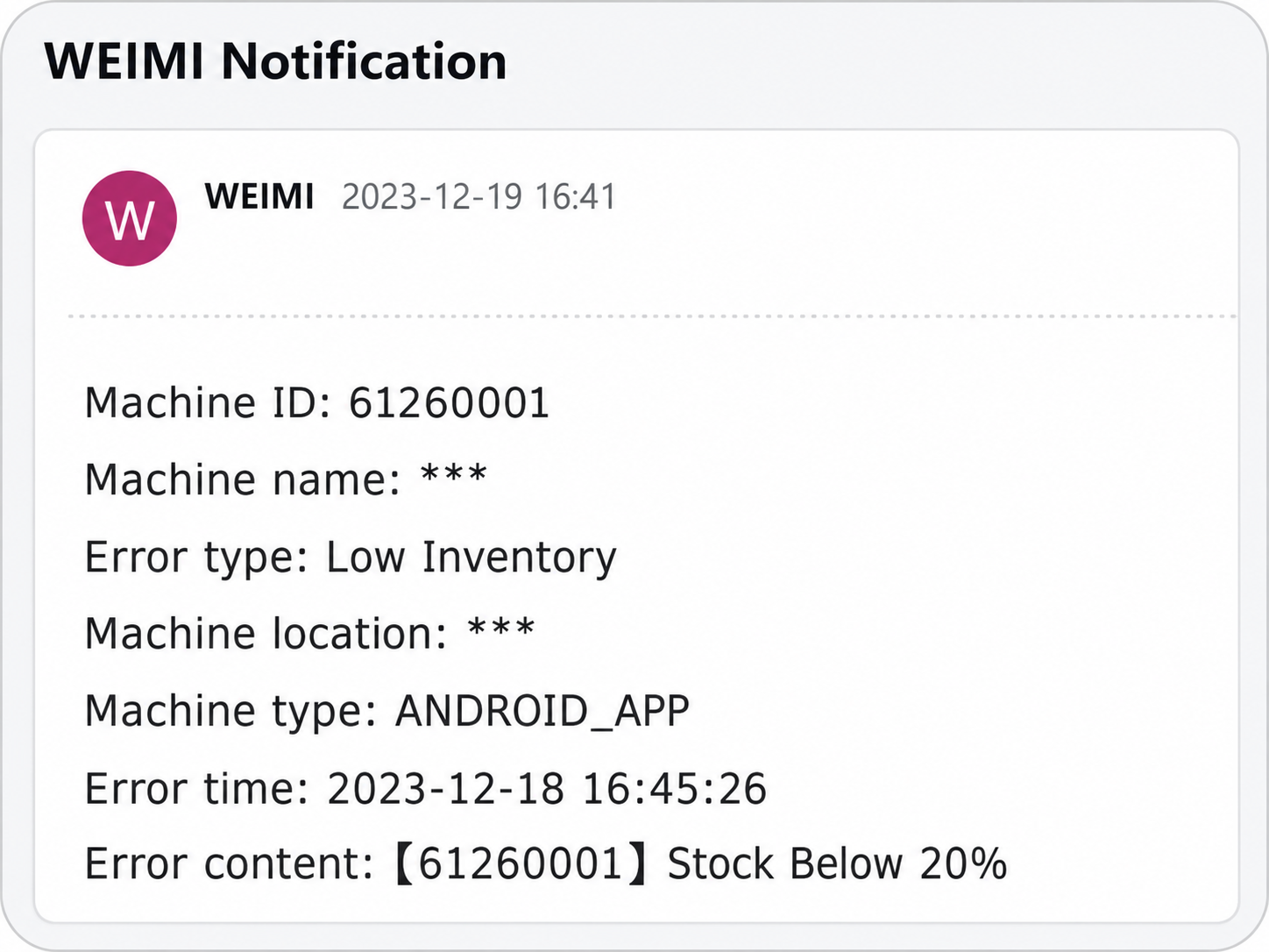Cảnh báo lỗi qua email về tình trạng và thời gian ngừng hoạt động của máy bán hàng lưu niệm