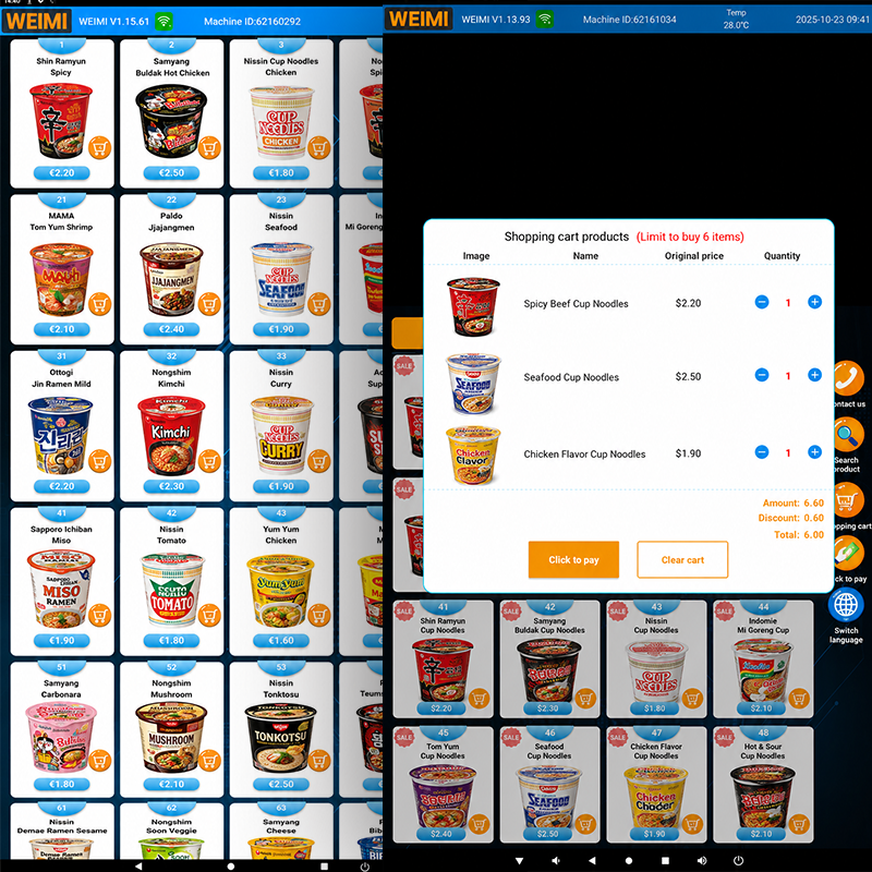Instant noodle vending machine multi-buy discount interface showing cup noodle products, quantities, and discounted pricing.