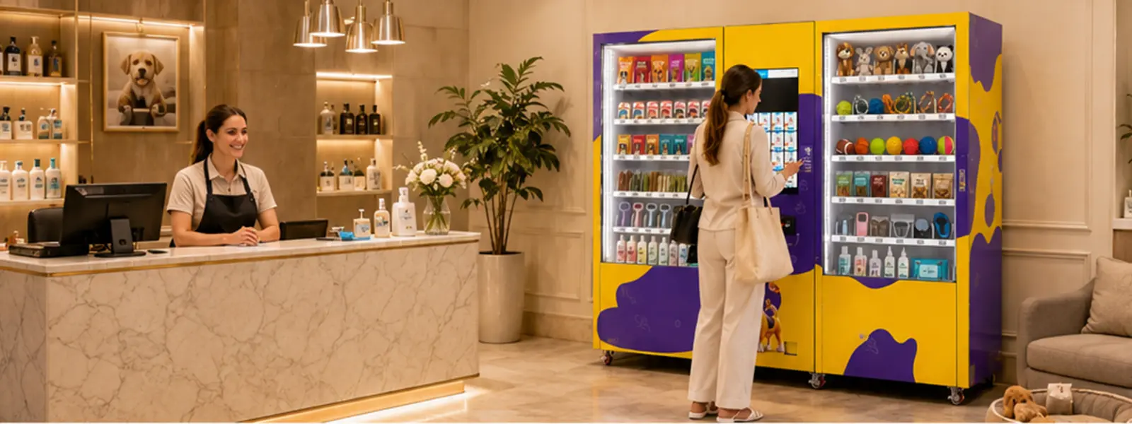 Customer buying pet products from a self-service vending machine inside a pet store while staff works at the front desk.