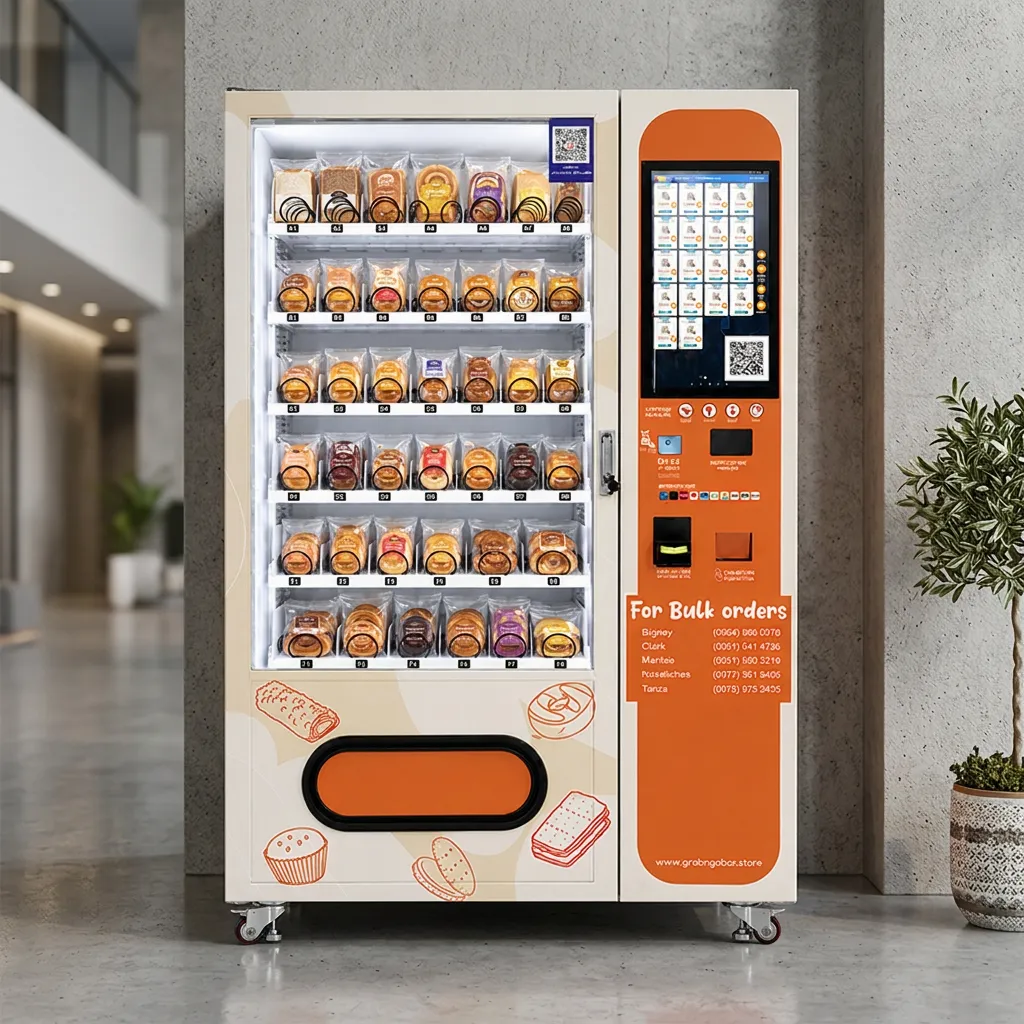 WEIMI bakery vending machine filled with packaged bread and pastries, displayed in a modern indoor setting with a concrete wall and plant decor.