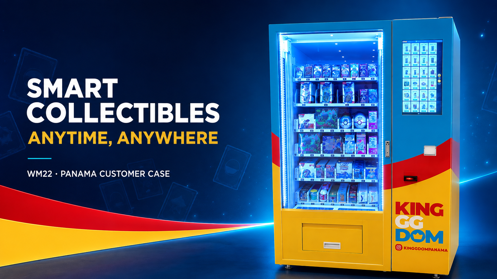 Customized blue red and yellow WEIMI WM22 vending machine displaying Pokémon trading cards and collectible merchandise for a customer in Panama.