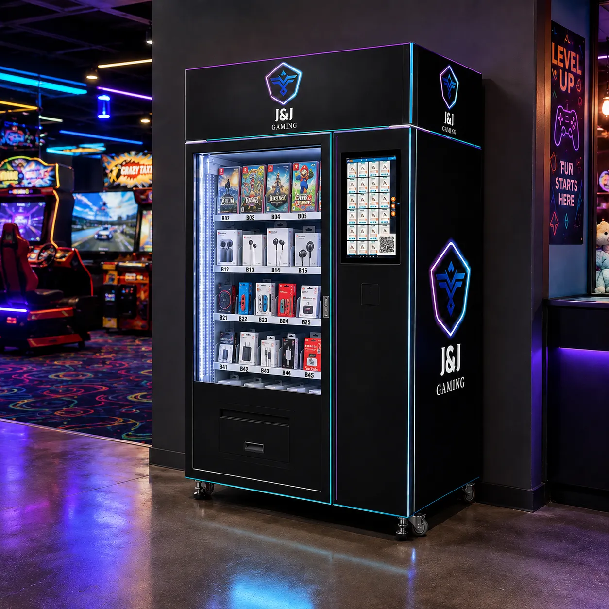 WEIMI custom vending machine designed for J&J Gaming, placed against the wall in a game arcade with neon signs, arcade machines, and gaming product displays.