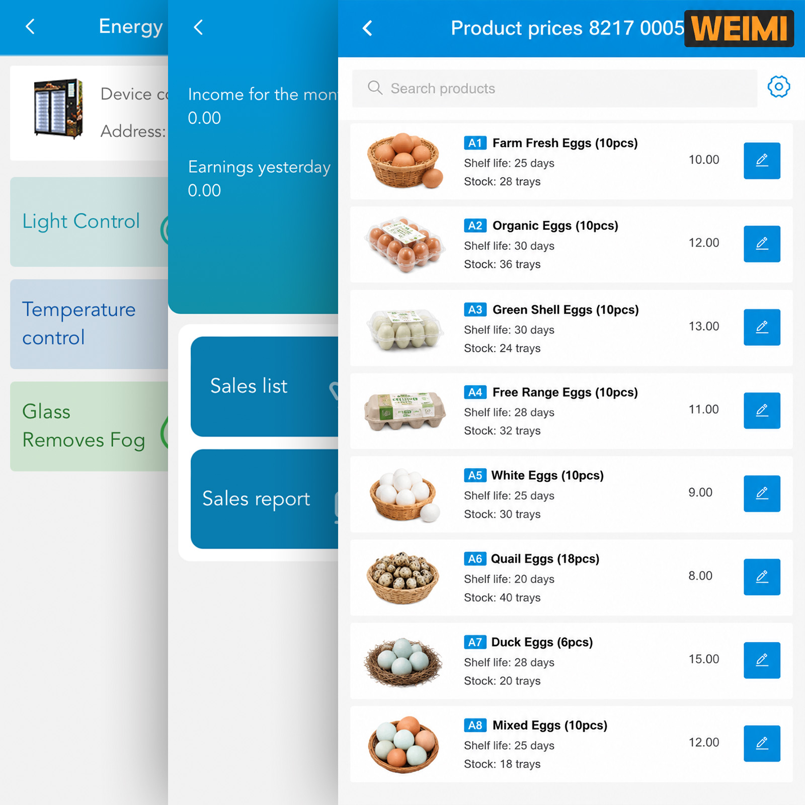 Mobile app interface showing egg product management, including types of eggs, stock quantities, shelf life, and pricing, with a clean, card-style layout and WEIMI branding.