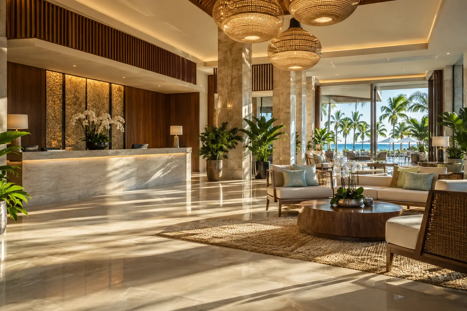 Luxury hotel resort lobby with reception desk and tropical view