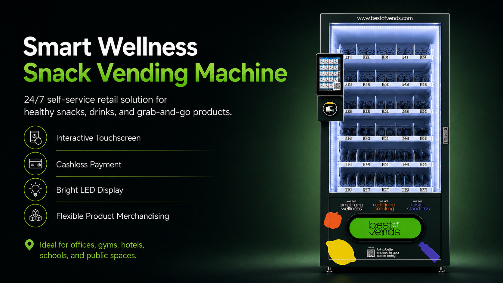 Front-view Smart Wellness Snack Vending Machine with touchscreen and LED display.
