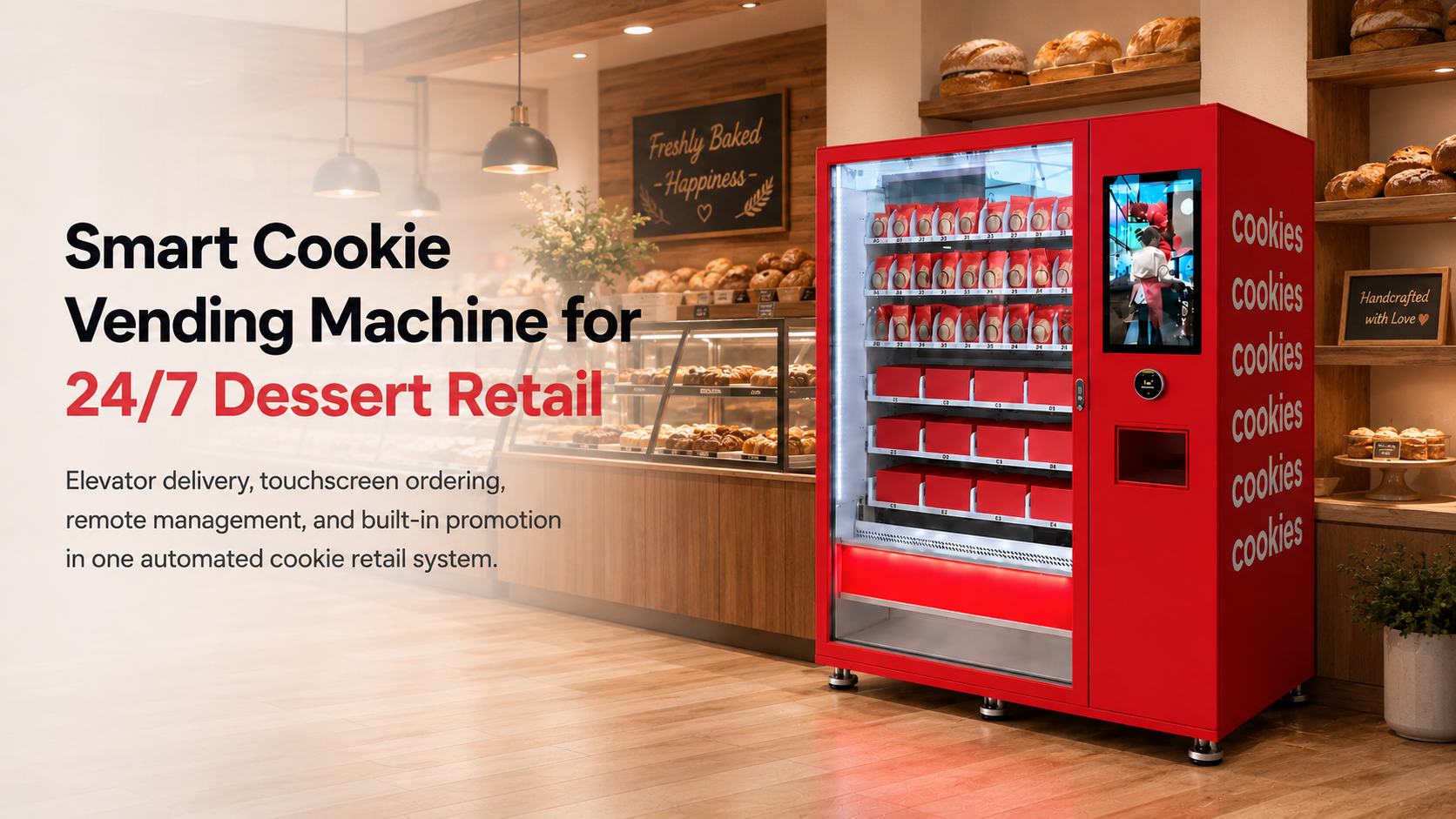 A smart cookie vending machine placed inside a modern bakery shop, with wooden shelves and fresh bread displays in the background, showcasing a 24/7 self-service dessert retail solution integrated into a bakery environment.