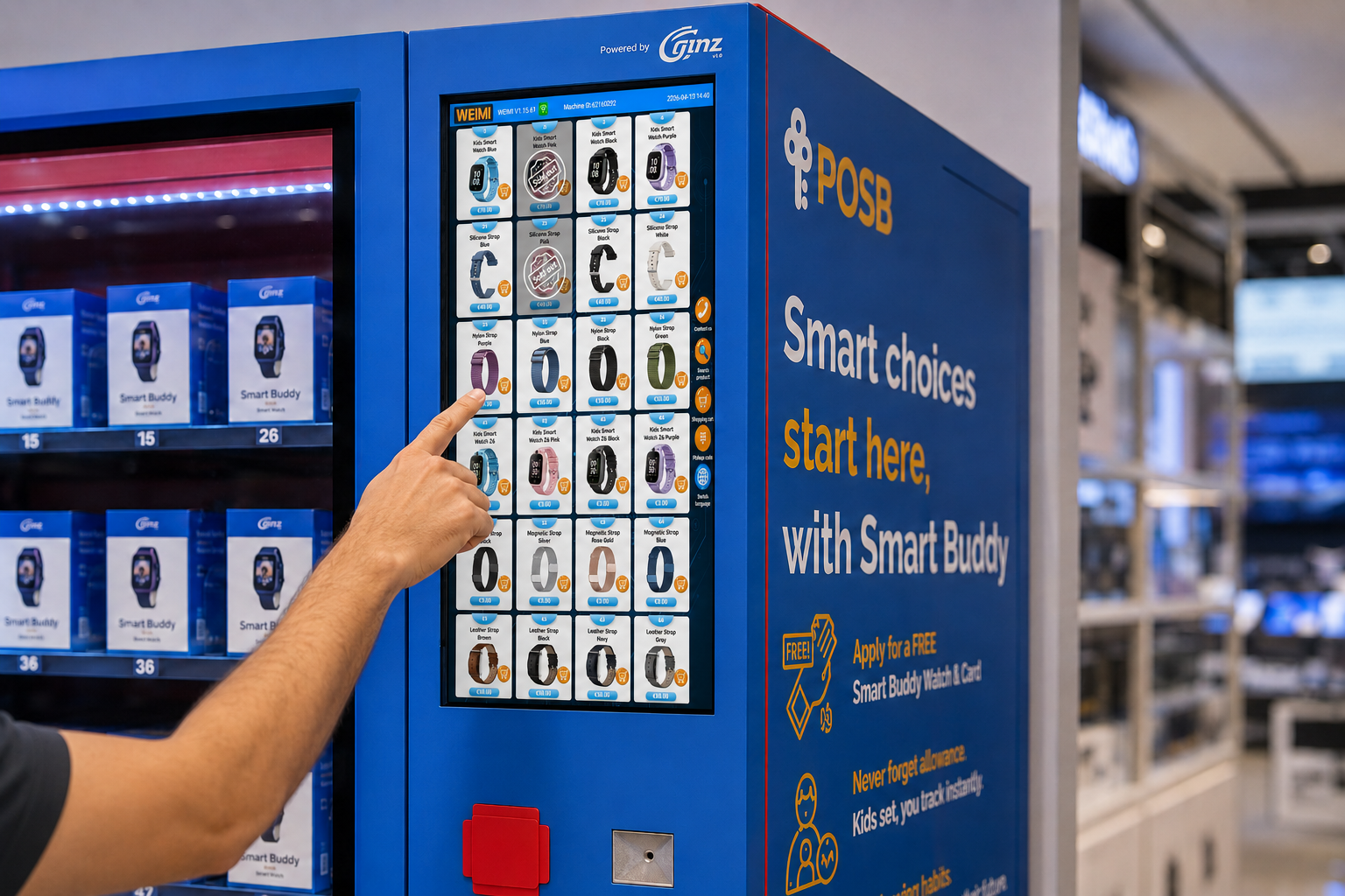 Customer selecting a kids smart watch on the vending machine touchscreen