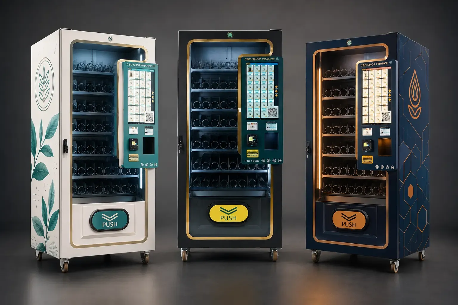 Tres máquinas expendedoras WEIMI con diseños exteriores personalizables en blanco, negro y dorado y azul marino.