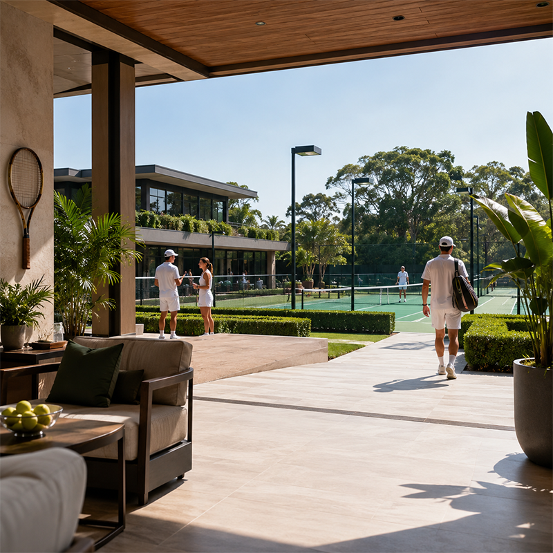 Modern tennis club with outdoor courts, lounge area and players in a premium sports environment