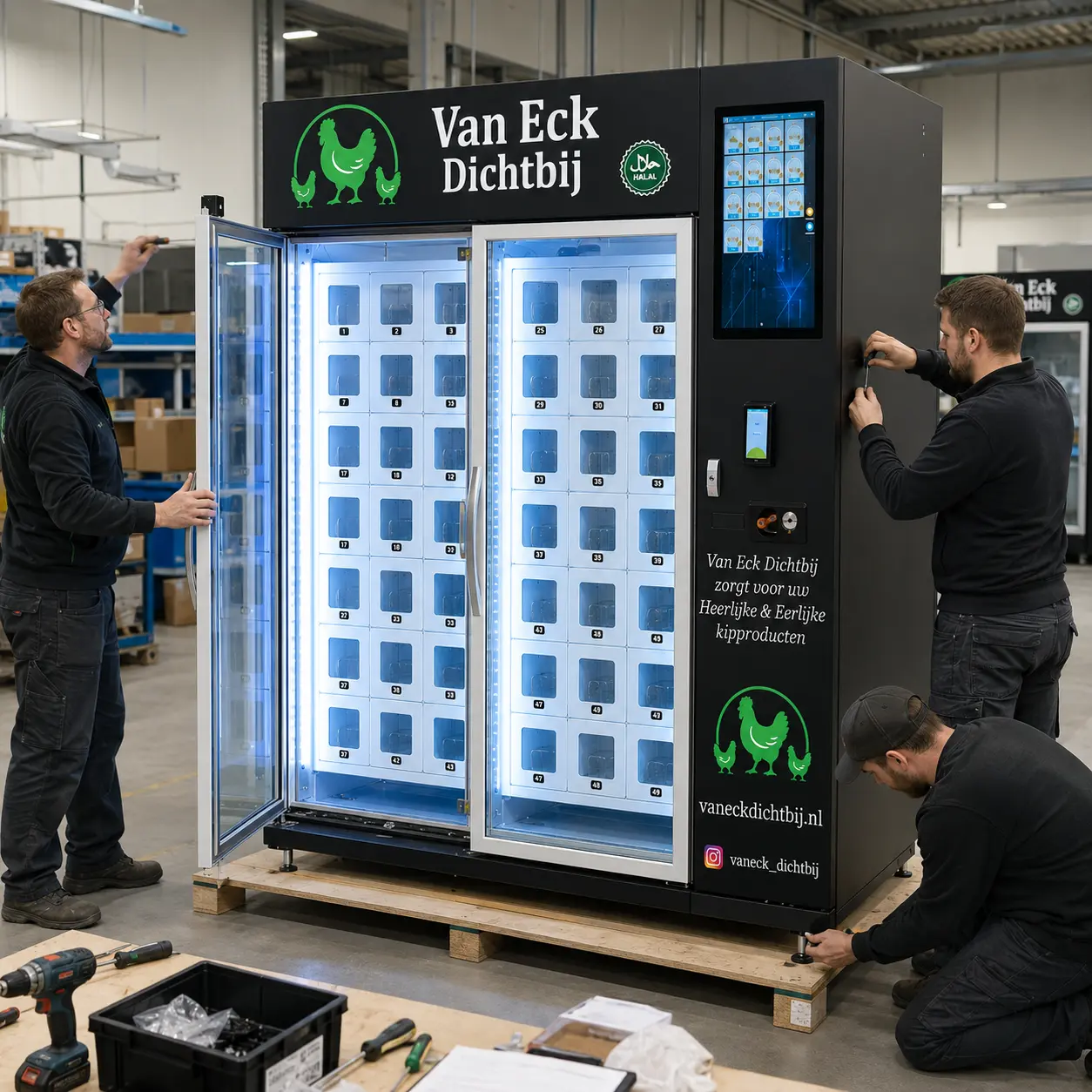 Szene mit der Fabrikmontage eines intelligenten Eierverkaufsautomaten. Sie zeigt Techniker bei der Installation und Inspektion eines schwarzen Kühlschließfach-Verkaufsschranks mit beleuchteten Lagerfächern, Touchscreen-Bedienfeld und Produktpräsentationstüren. Der Hintergrund der Industriewerkstatt beleuchtet den Herstellungs- und Qualitätsprüfungsprozess eines automatischen Selbstbedienungs-Lebensmittelautomaten.