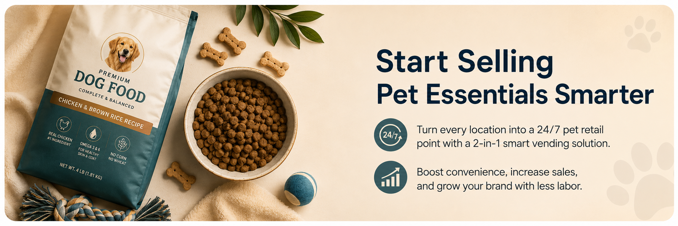 2-in-1 smart pet supplies vending solution banner with premium dog food, kibble bowl and 24/7 pet retail message