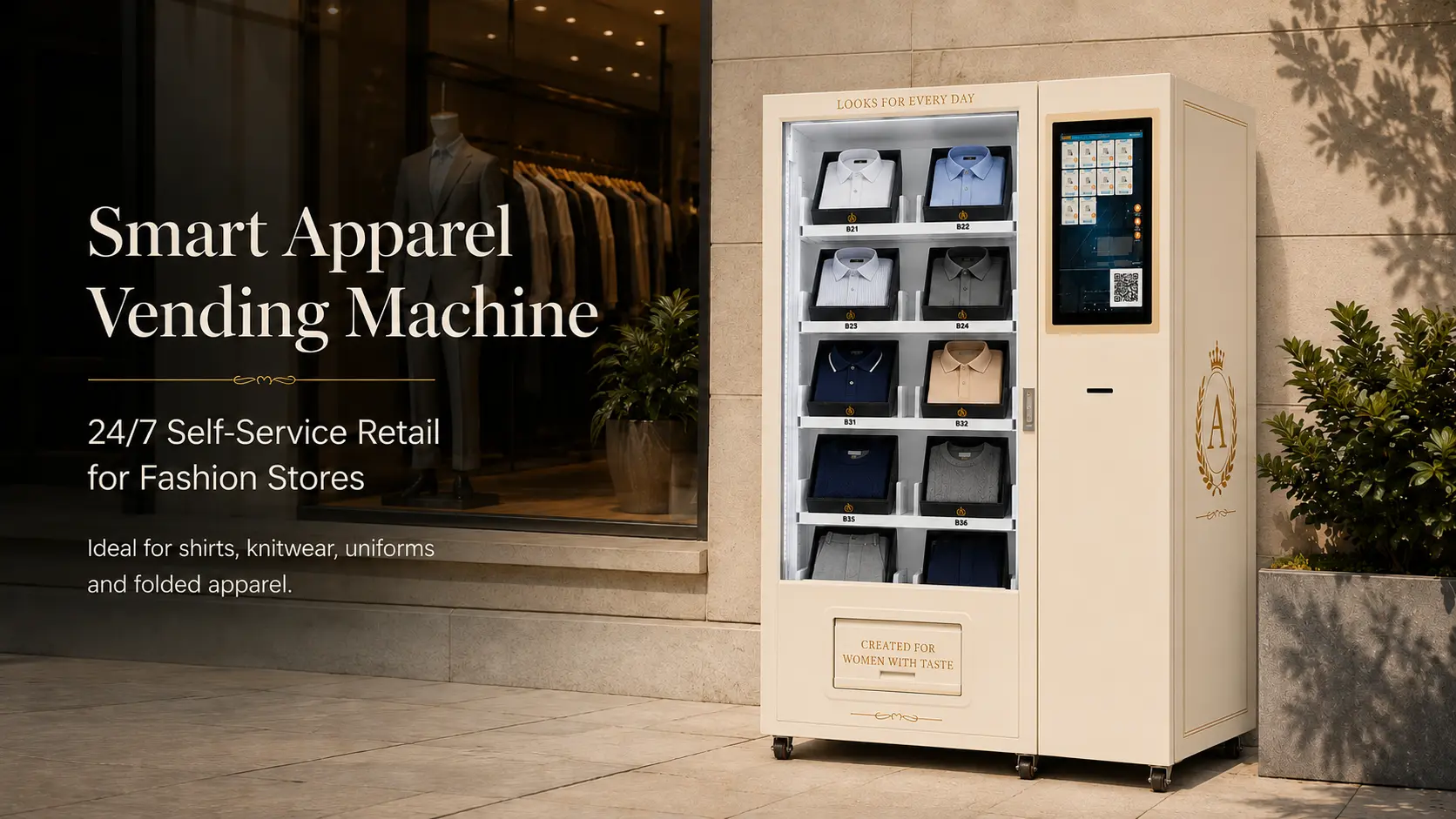 Smart apparel vending machine placed outside a fashion store, featuring a glass clothing display, touchscreen payment panel, gold side logo, and 24/7 self-service retail banner text.