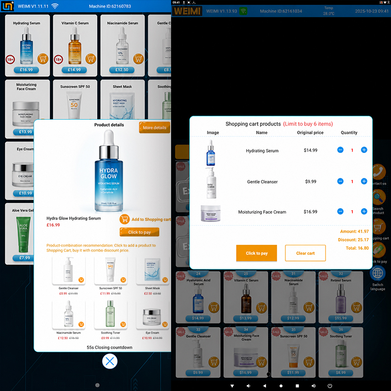 Touchscreen interface of a WEIMI skincare vending machine showing a product grid and a shopping cart popup. The popup displays selected skincare items including Hydra Glow Hydrating Serum, Gentle Cleanser, and Moisturizing Face Cream with images, prices, quantity controls, combo discount suggestions, and checkout buttons, illustrating a complete self-service purchase workflow.