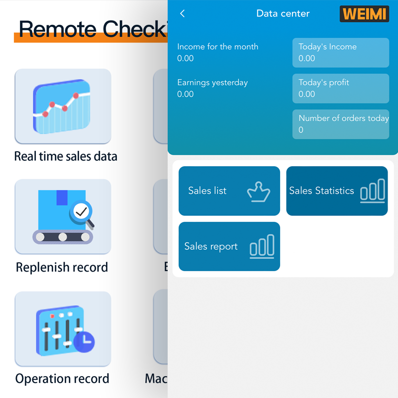 WEIMI remote management dashboard showing sales data and replenishment records