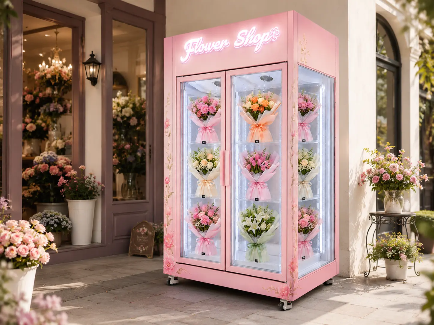 Pink double-door flower vending machine displayed outside a flower shop, with refrigerated glass doors, visible fresh bouquets, and a transparent side window showing additional flower storage.