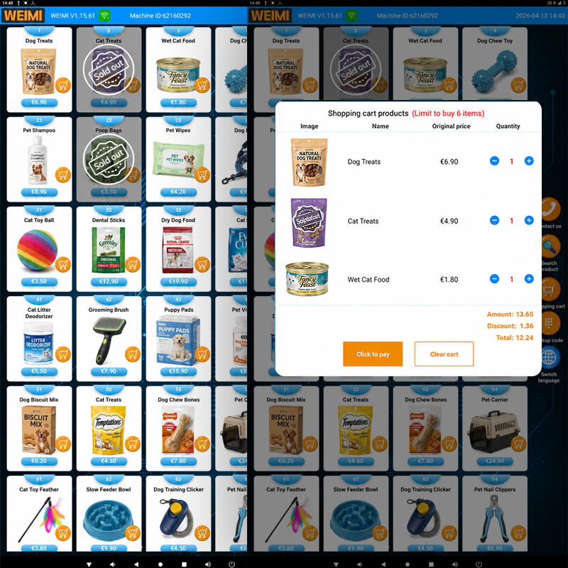 Pet supplies vending machine UI with shopping cart, bundle discount, quantity adjustment and cashless checkout for dog and cat products