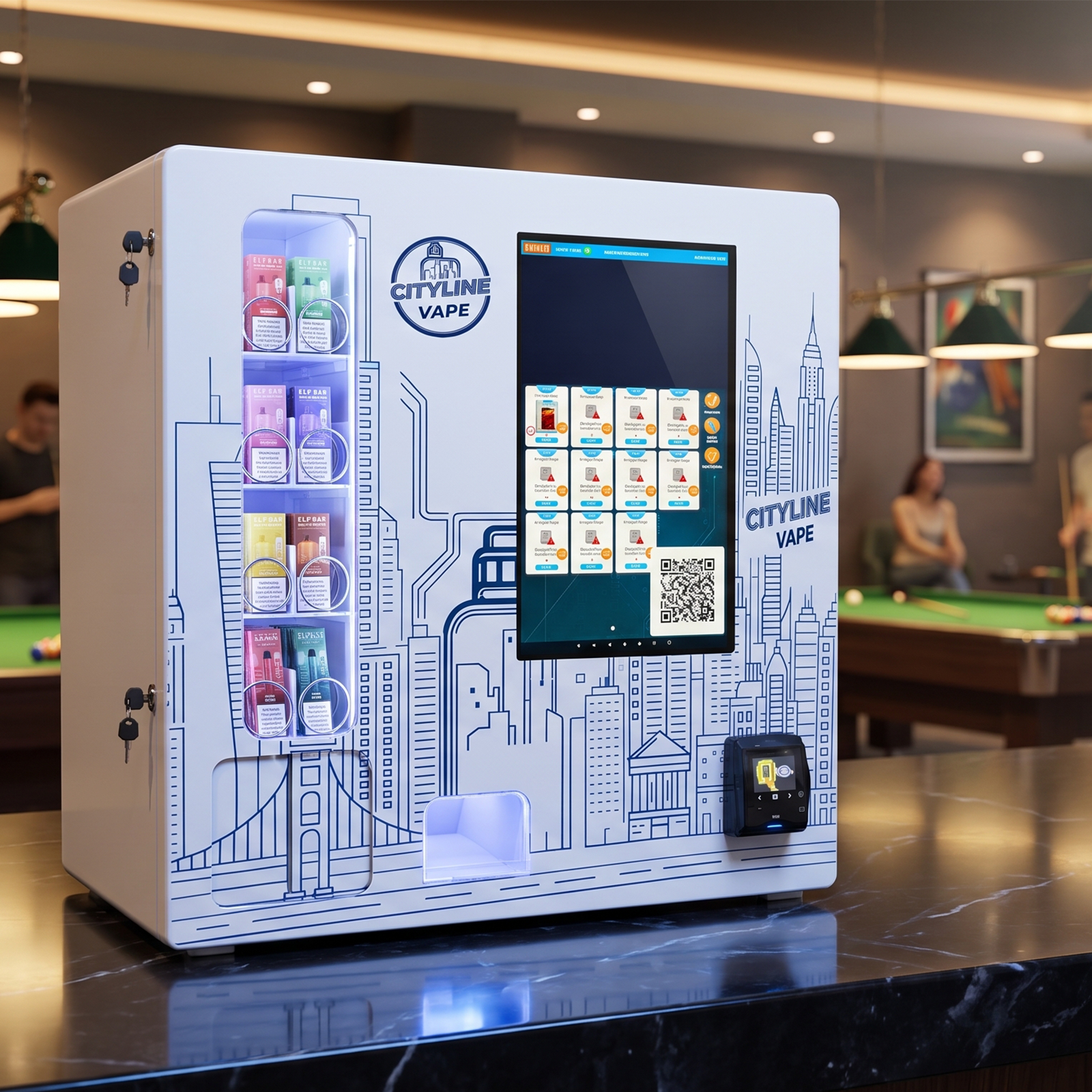 Desktop smart vape vending machine in a billiard hall with vape product display, touchscreen shopping interface, and cashless payment