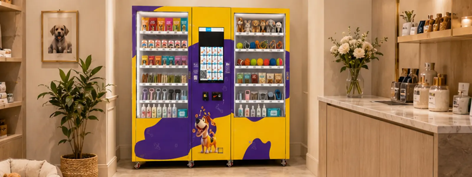 Compact pet supplies vending machine placed in a narrow boutique pet store corner, displaying treats, toys, grooming items, and accessories.